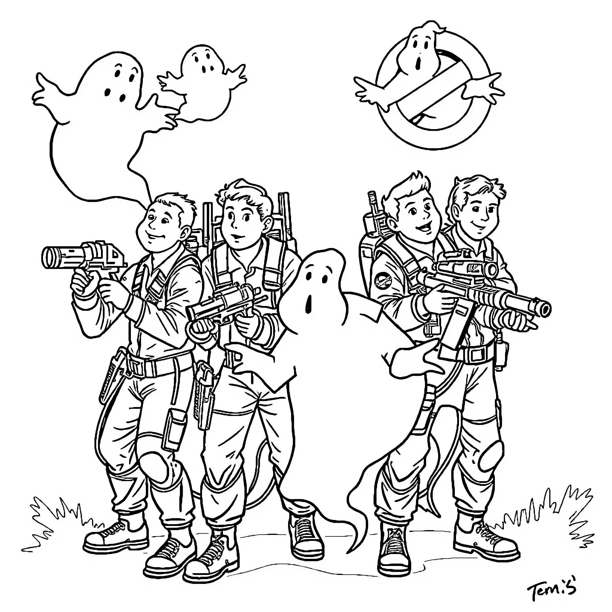 Ghostbusters chasing ghosts in the field Coloring Page (free black-and-white line drawing printable PDF for all, from beginners to advanced learners, including children, teens, adults, and seniors)