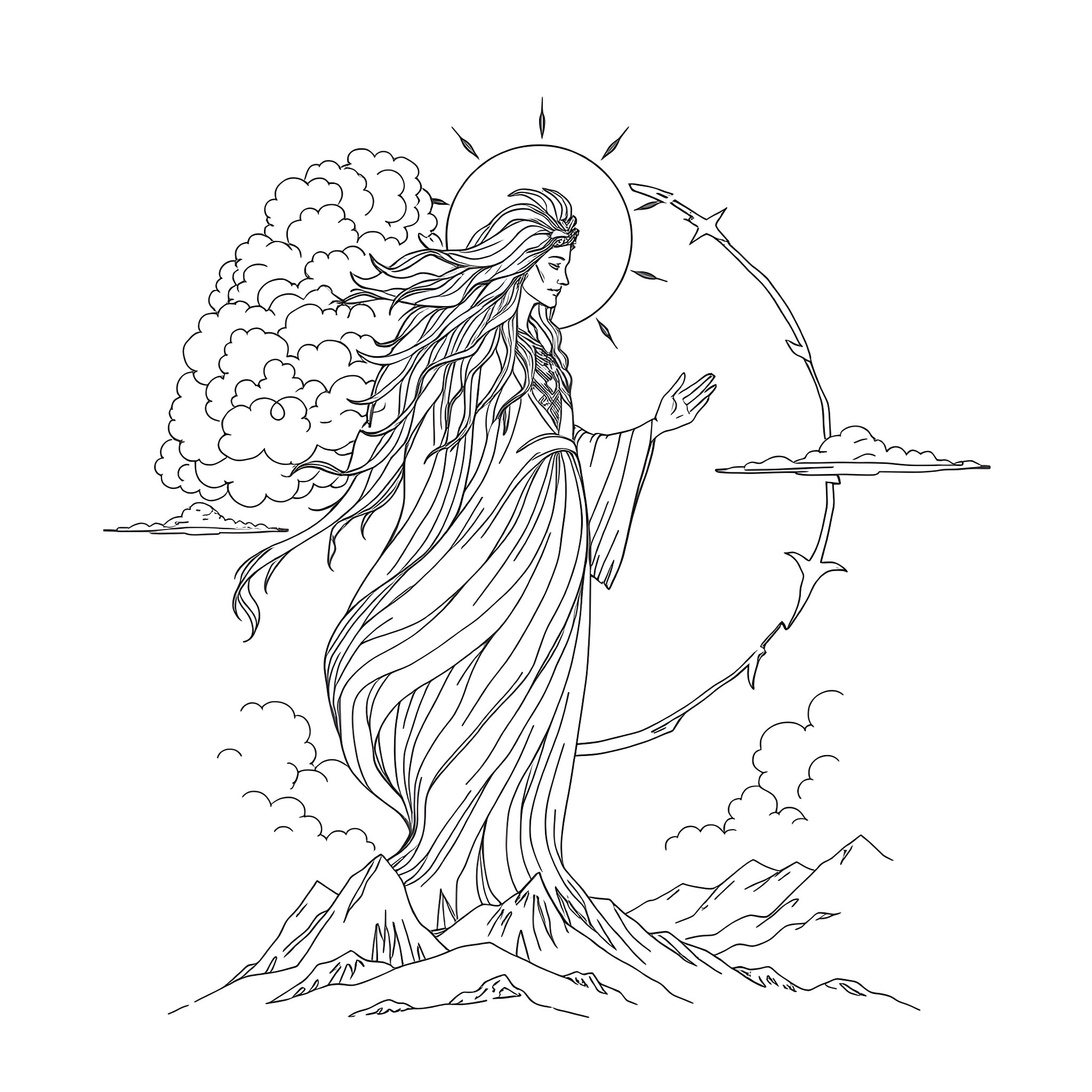 Great Spirit Guiding the Path with Celestial Radiance Coloring Page (free black-and-white line drawing printable PDF for all, from beginners to advanced learners, including children, teens, adults, and seniors)