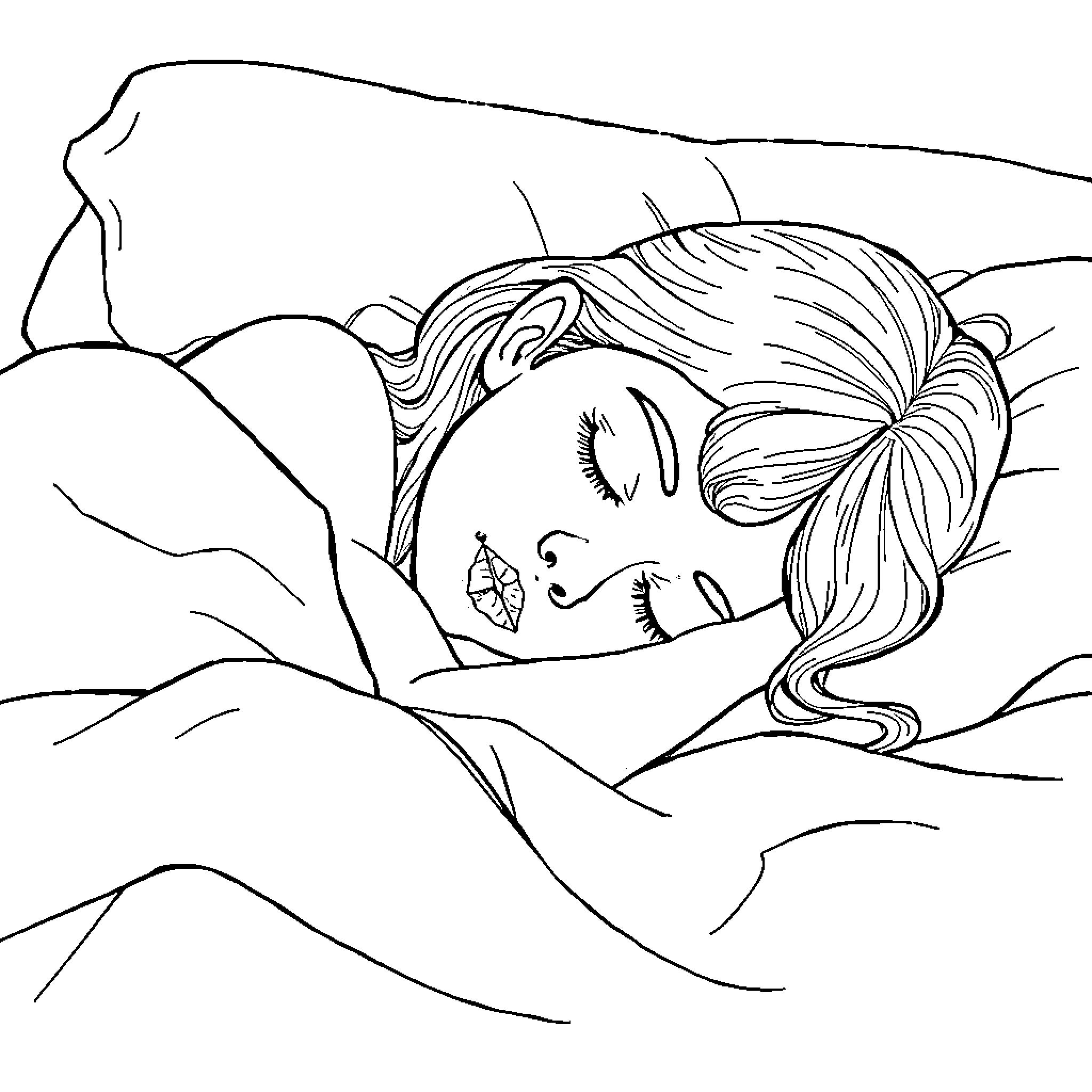 Girl resting peacefully in nature Coloring Page (free black-and-white line drawing printable PDF for all, from beginners to advanced learners, including children, teens, adults, and seniors)