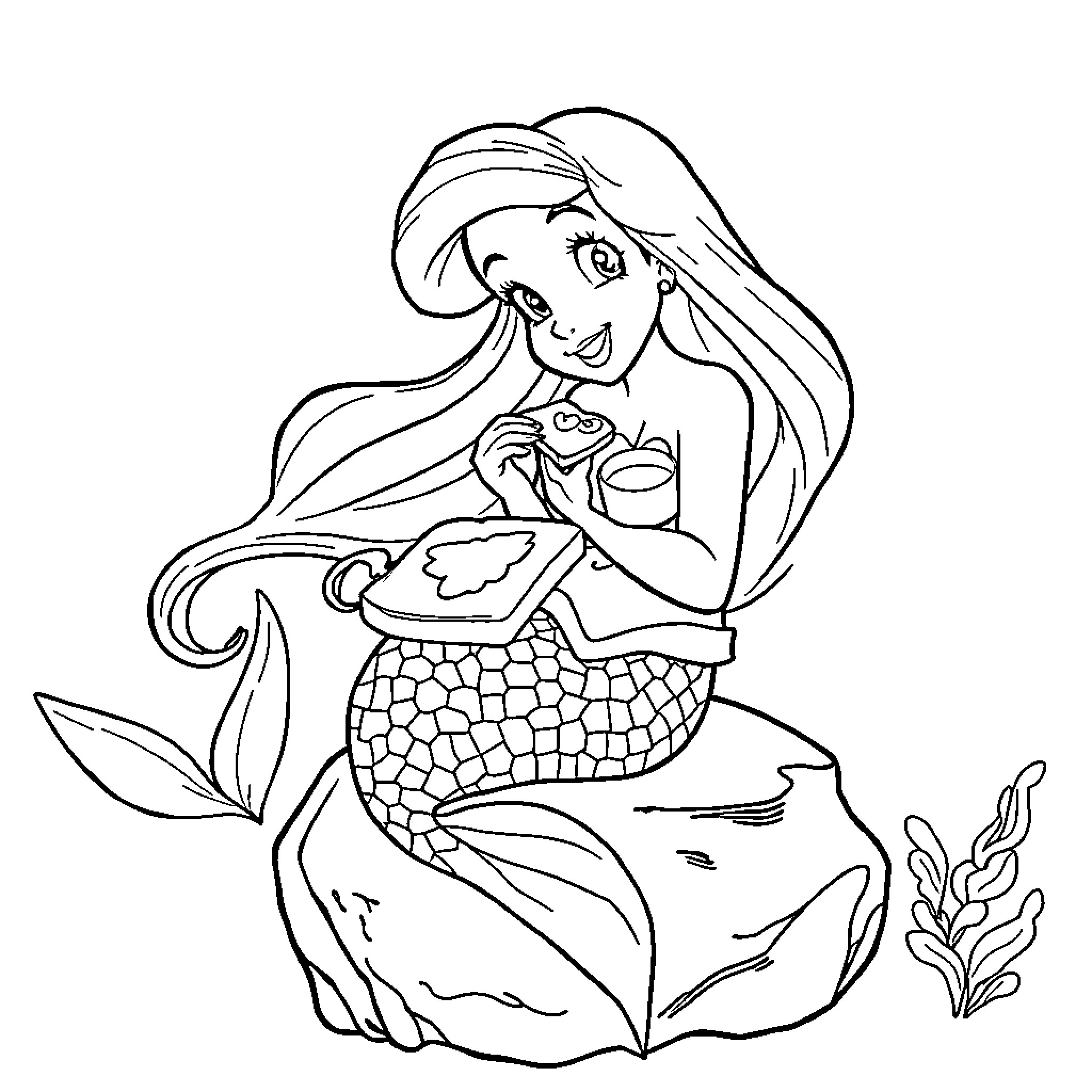Ariel the Mermaid Exploring the Underwater World Coloring Page (free black-and-white line drawing printable PDF for all, from beginners to advanced learners, including children, teens, adults, and seniors)
