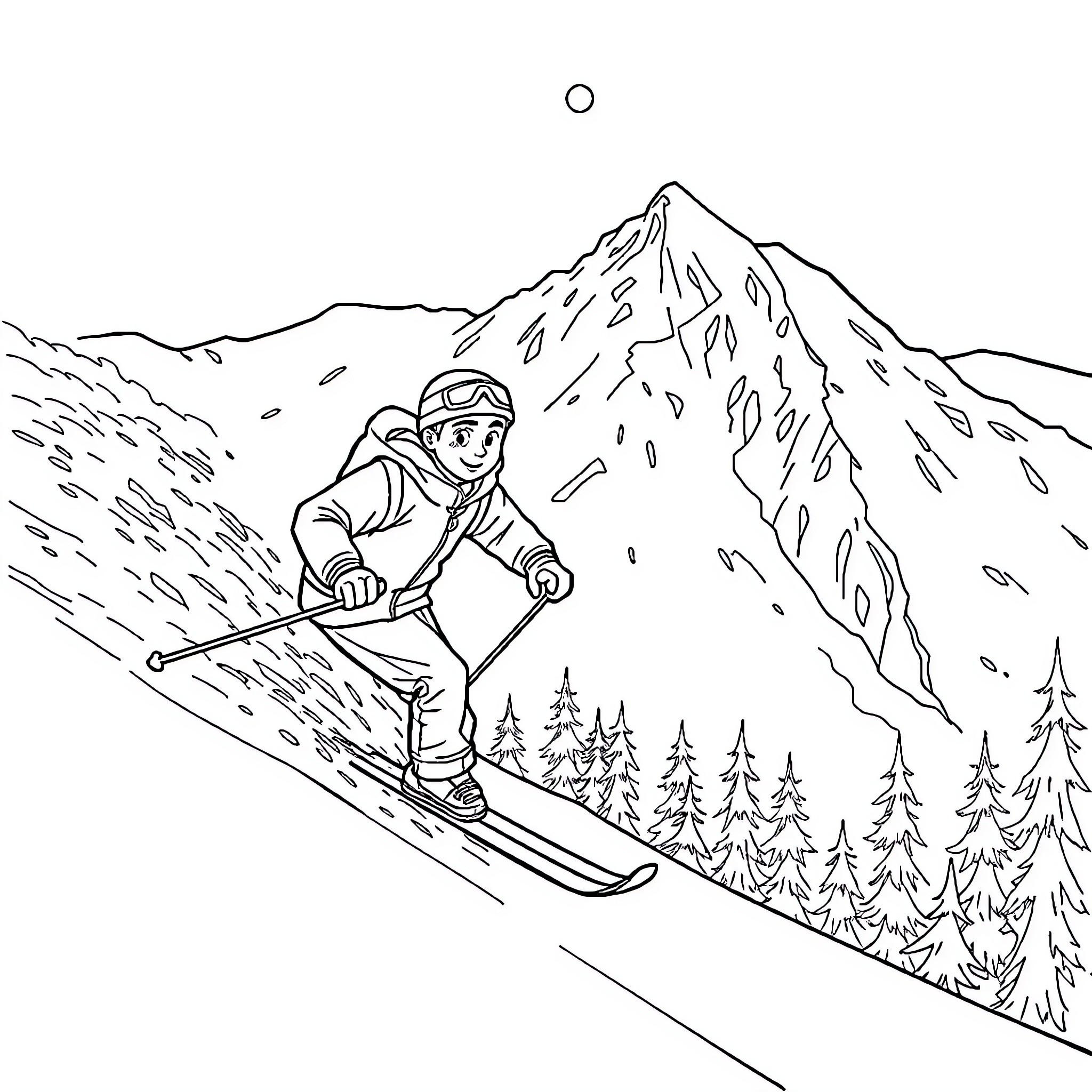 Adam skiing down the snowy mountain slopes Coloring Page (free black-and-white line drawing printable PDF for all, from beginners to advanced learners, including children, teens, adults, and seniors)