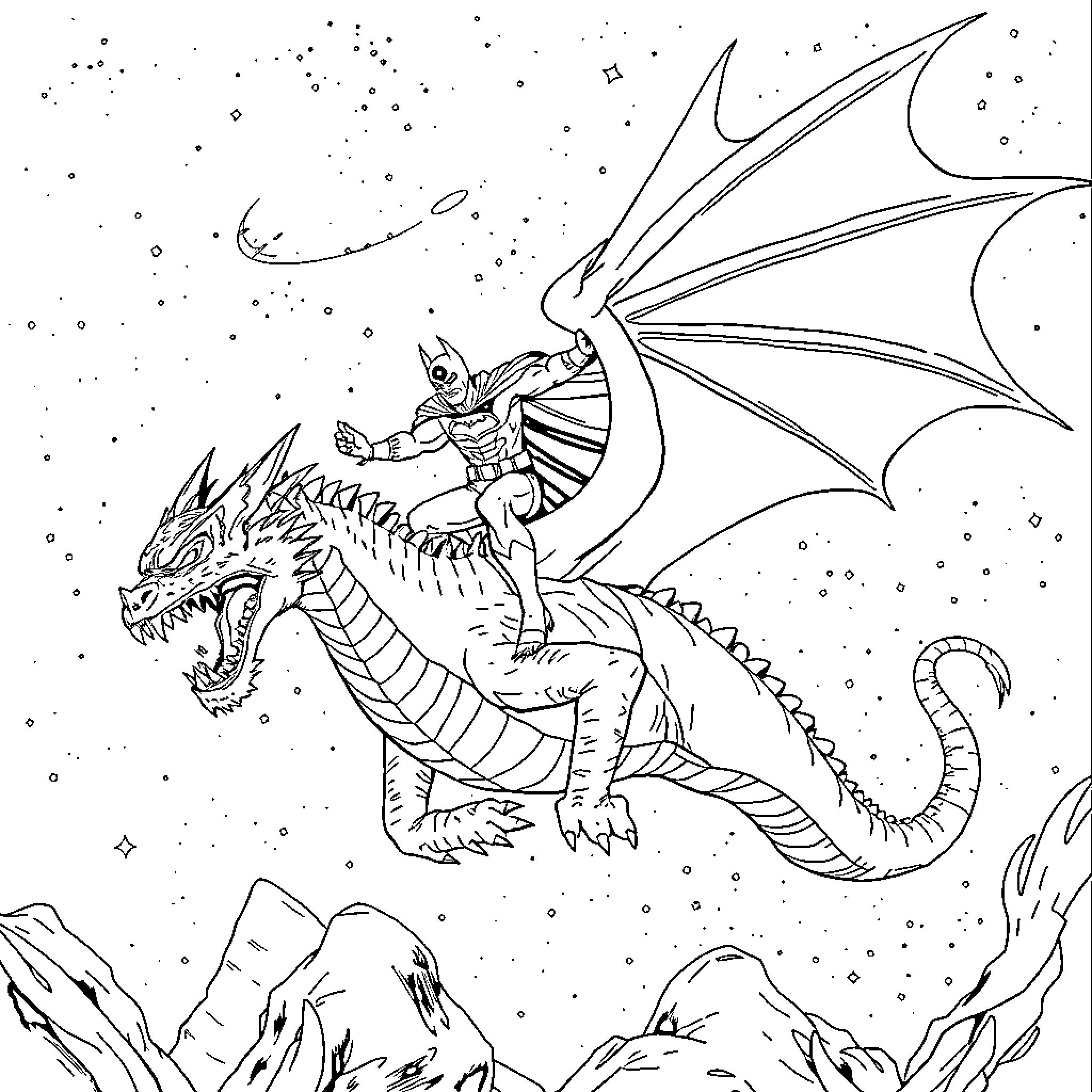 Batman riding a ferocious dragon in a starry night sky Coloring Page (free black-and-white line drawing printable PDF for all, from beginners to advanced learners, including children, teens, adults, and seniors)