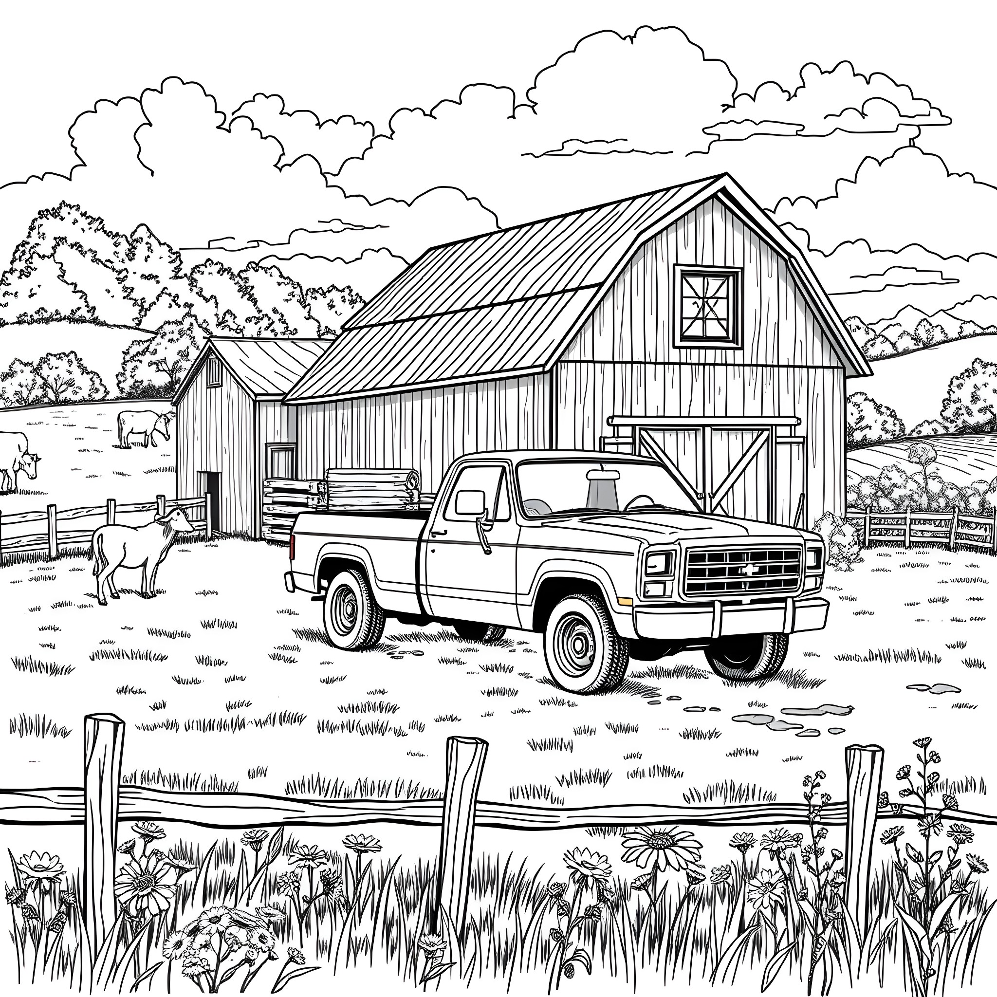 Pickup truck parked by rustic barn in pastoral landscape Coloring Page (free black-and-white line drawing printable PDF for all, from beginners to advanced learners, including children, teens, adults, and seniors)