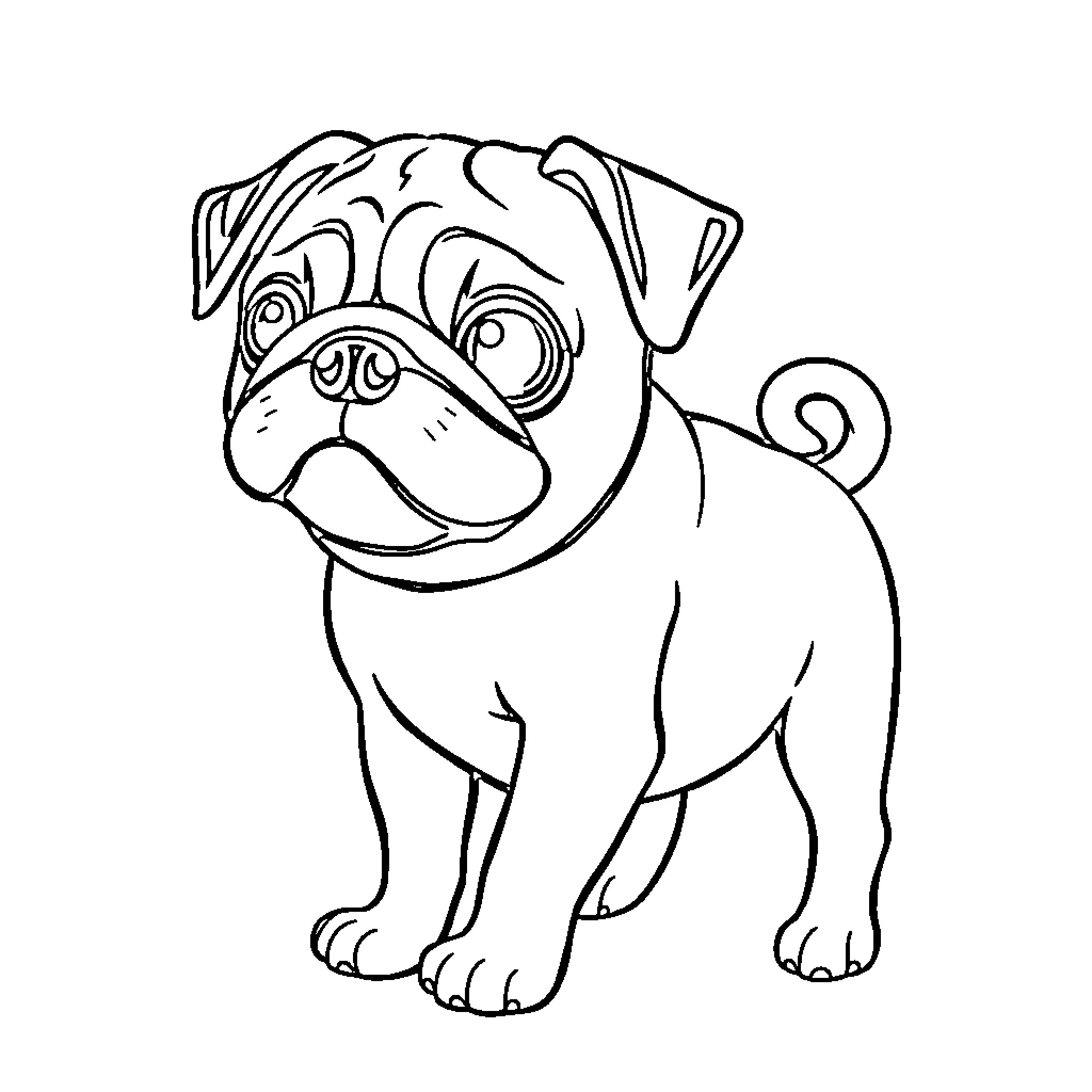 Pug puppy with expressive features Coloring Page (free black-and-white line drawing printable PDF for all, from beginners to advanced learners, including children, teens, adults, and seniors)