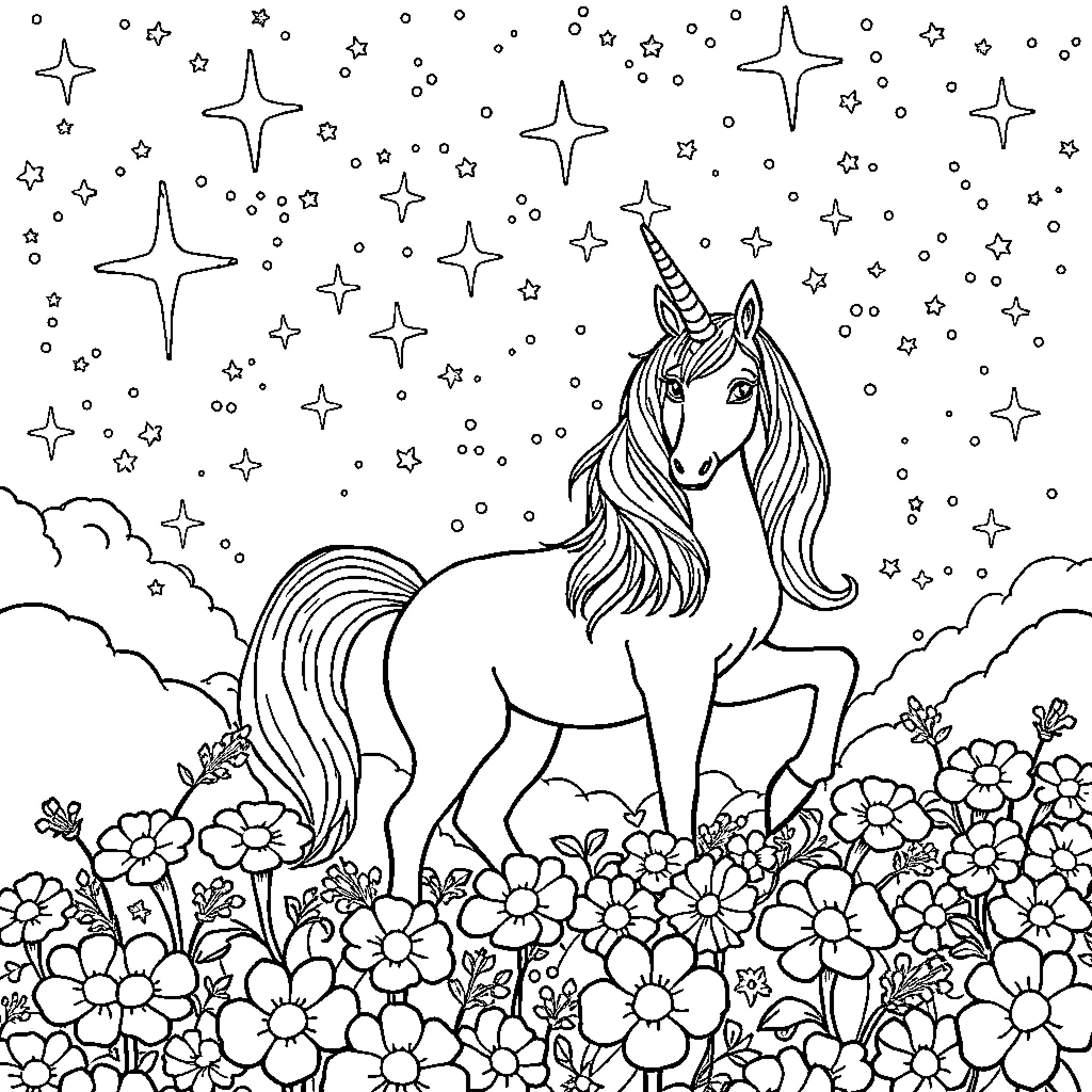 Unicorn prancing among starry flowers Coloring Page (free black-and-white line drawing printable PDF for all, from beginners to advanced learners, including children, teens, adults, and seniors)