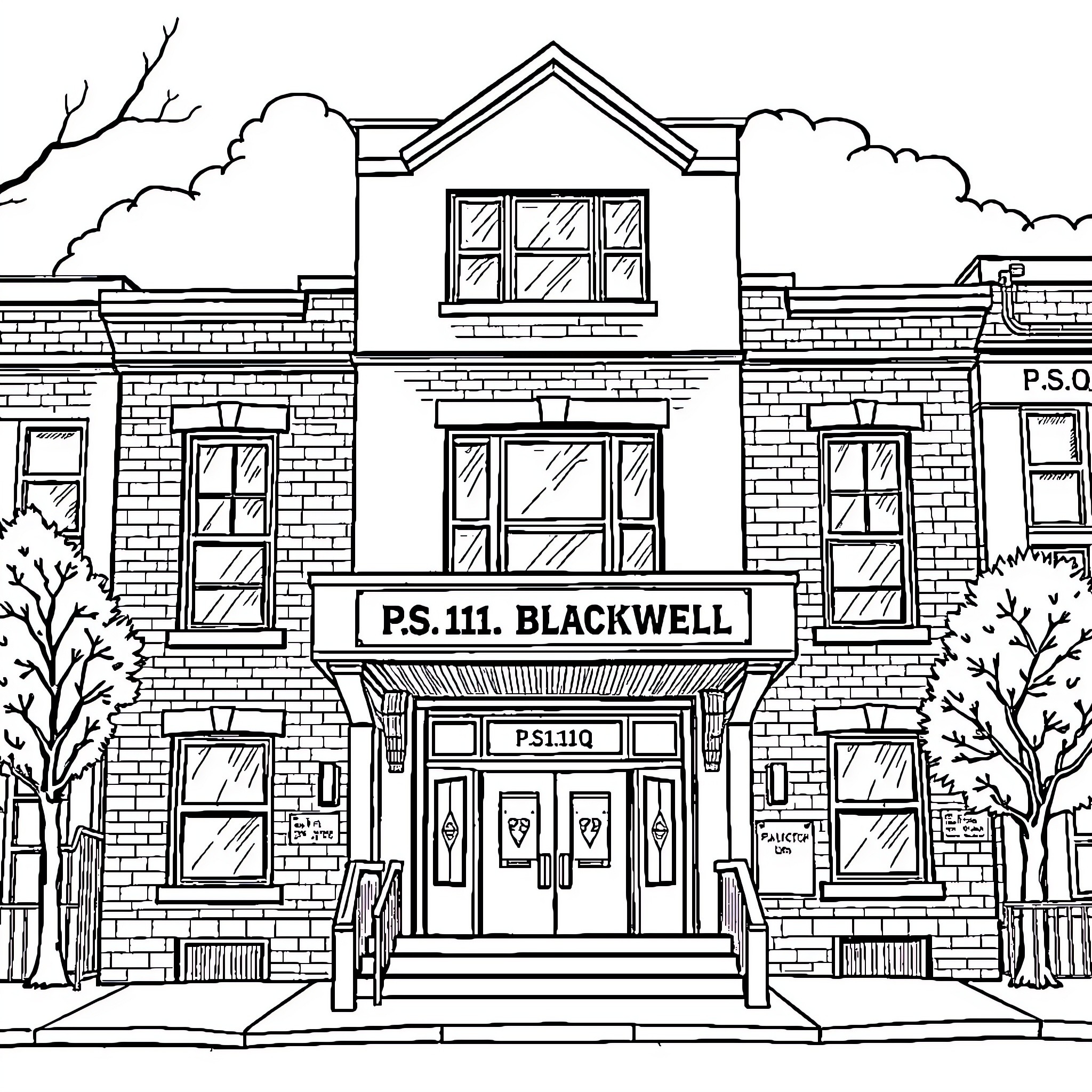 School building with signage and architectural details Coloring Page (free black-and-white line drawing printable PDF for all, from beginners to advanced learners, including children, teens, adults, and seniors)