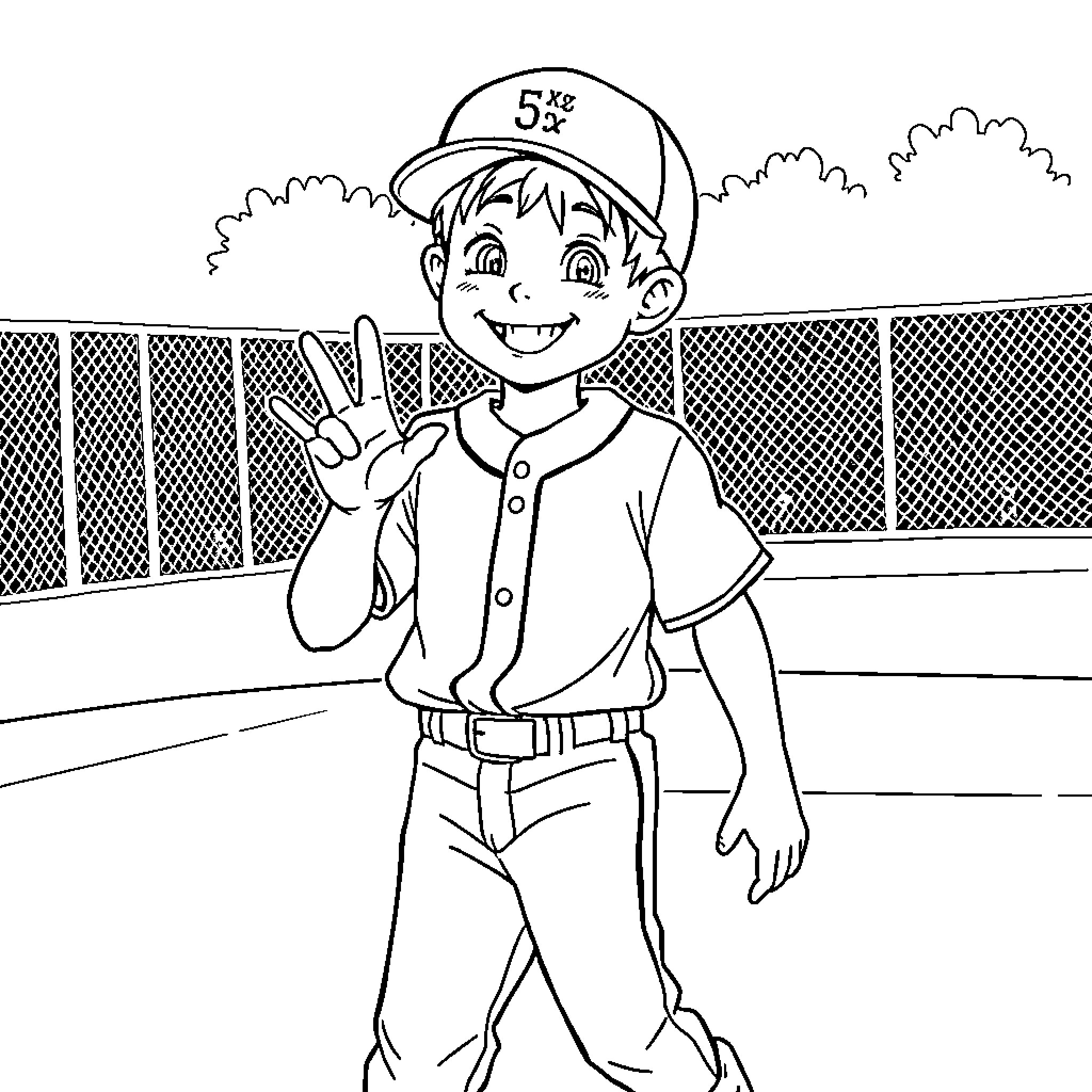 Baseball Boy Celebrates Victory on the Field Coloring Page (free black-and-white line drawing printable PDF for all, from beginners to advanced learners, including children, teens, adults, and seniors)
