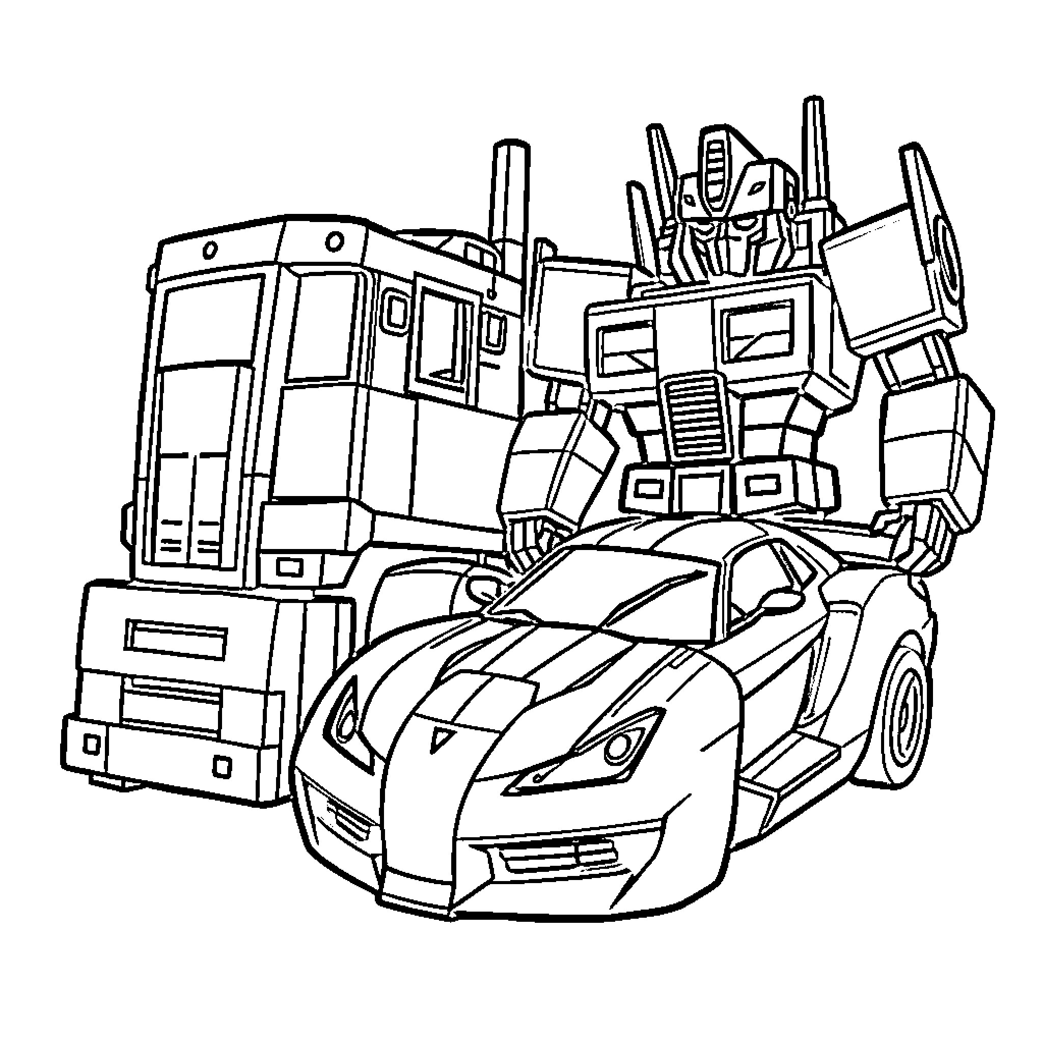 Transformer robot and sports car in action Coloring Page (free black-and-white line drawing printable PDF for all, from beginners to advanced learners, including children, teens, adults, and seniors)