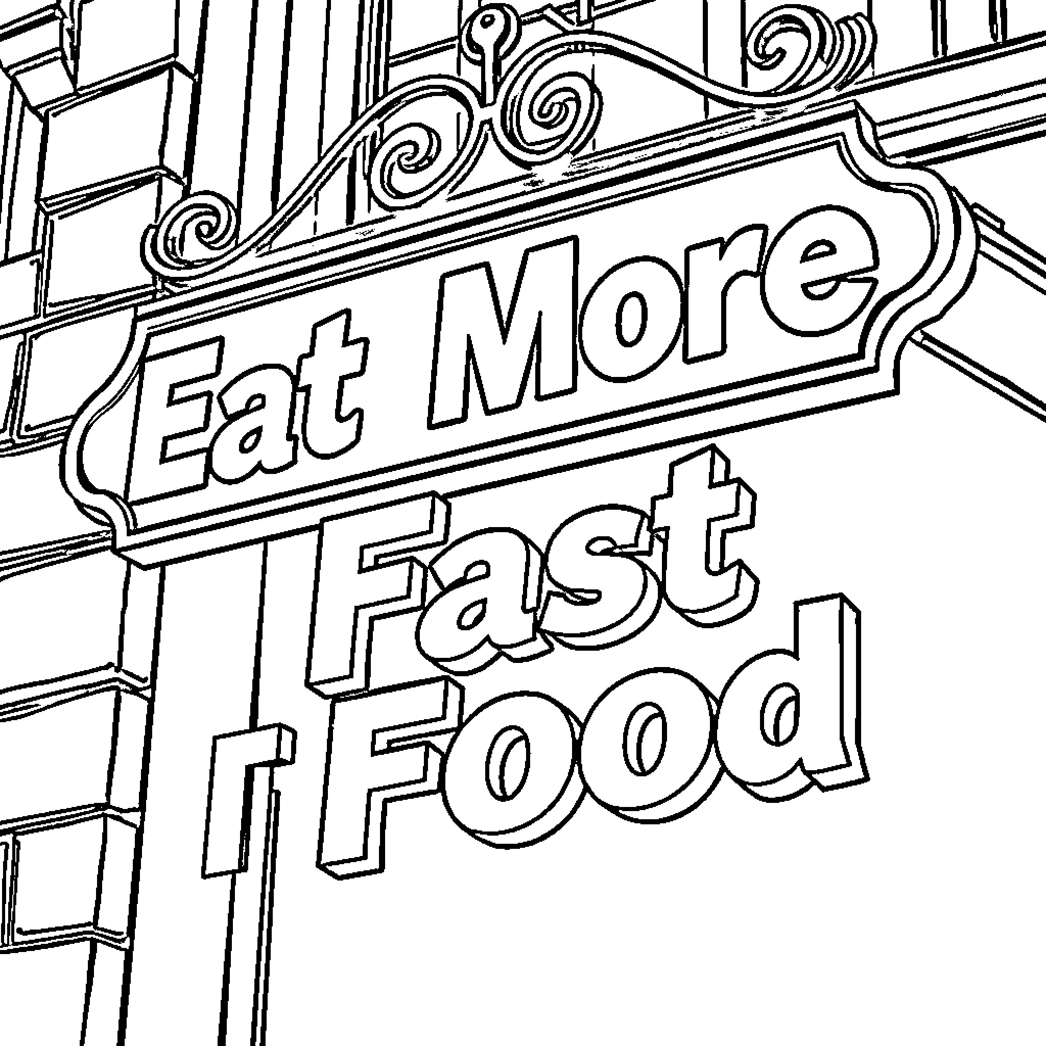 European Mount of Eating Establishment Advertising Coloring Page (free black-and-white line drawing printable PDF for all, from beginners to advanced learners, including children, teens, adults, and seniors)