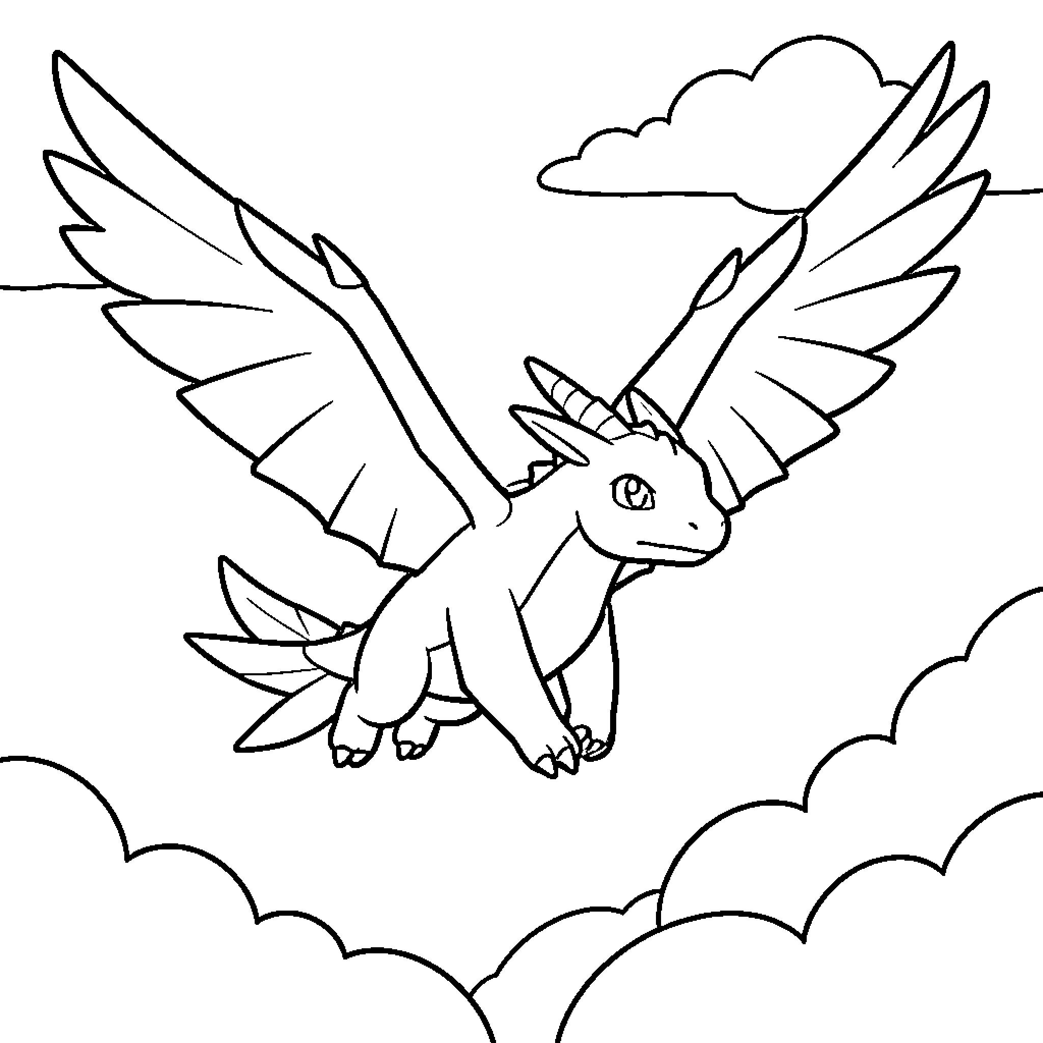 Dragonite flying majestically through the clouds Coloring Page (free black-and-white line drawing printable PDF for all, from beginners to advanced learners, including children, teens, adults, and seniors)
