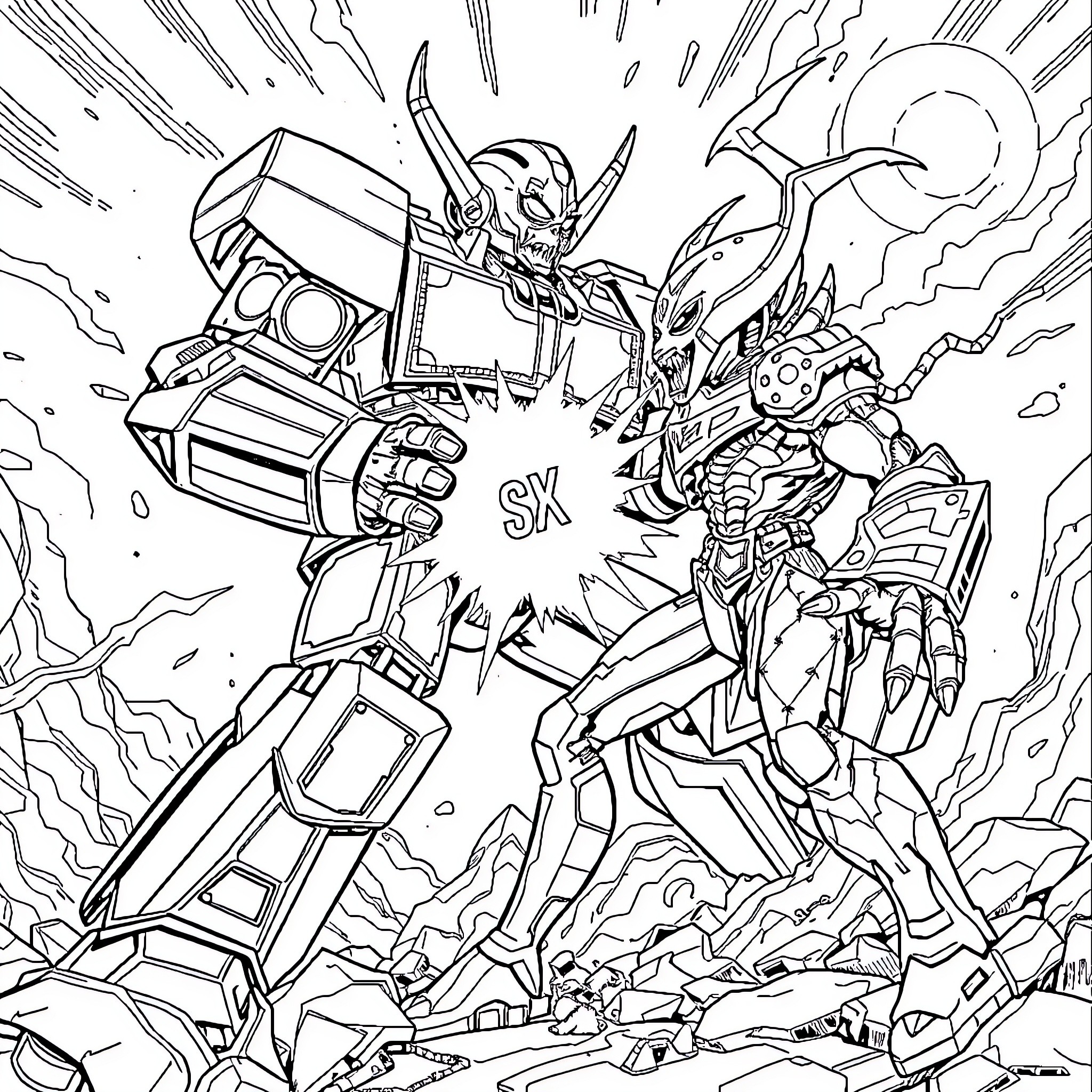 Goldorak battling against a robotic foe Coloring Page (free black-and-white line drawing printable PDF for all, from beginners to advanced learners, including children, teens, adults, and seniors)