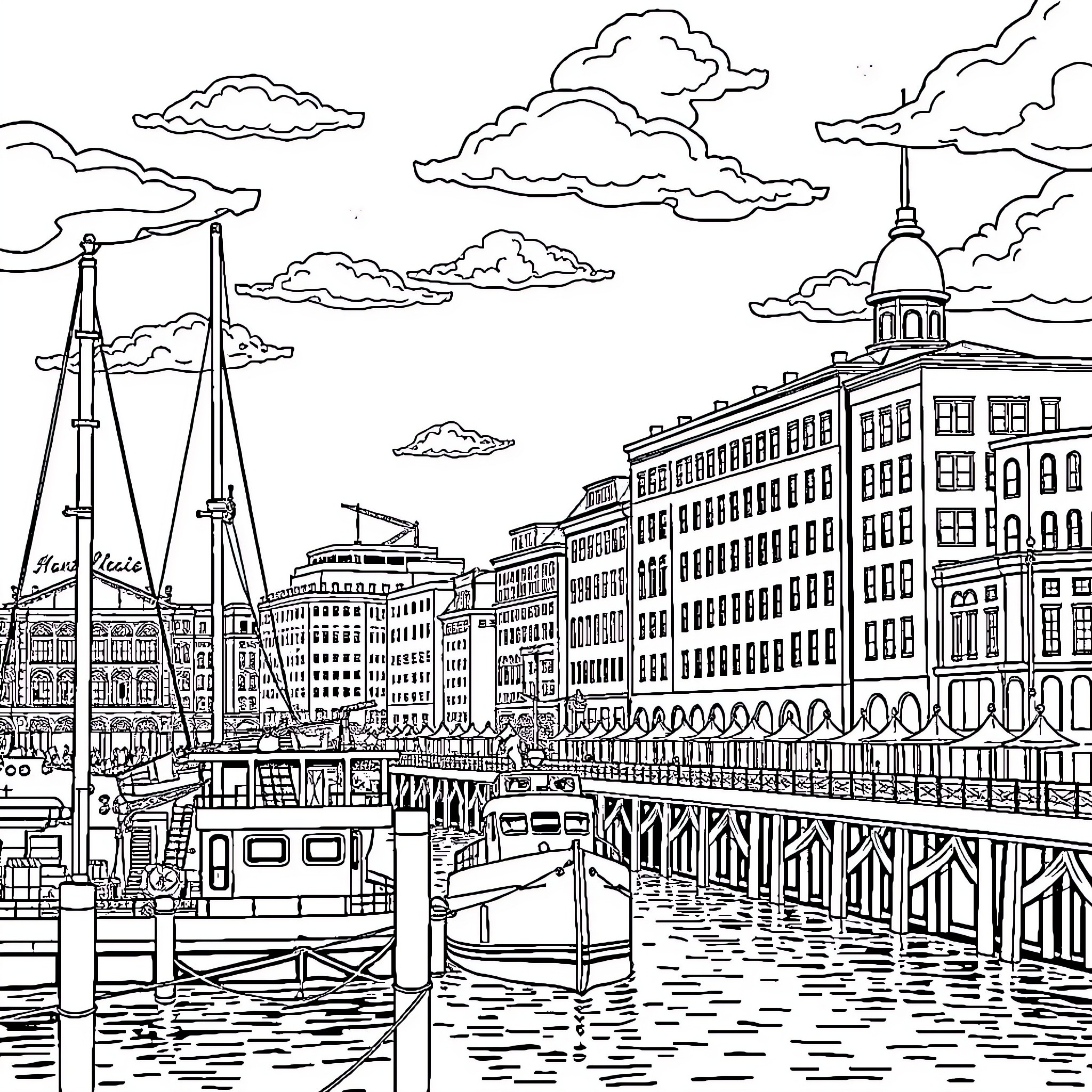 Halifax Harbor Cityscape with Boats and Cloudy Skies Coloring Page (free black-and-white line drawing printable PDF for all, from beginners to advanced learners, including children, teens, adults, and seniors)