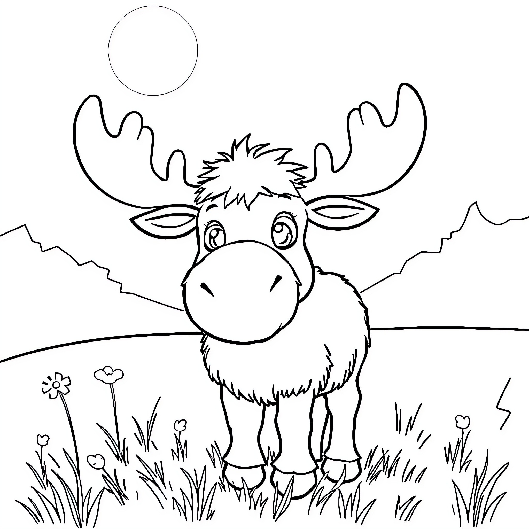 Moose in a serene natural landscape Coloring Page (free black-and-white line drawing printable PDF for all, from beginners to advanced learners, including children, teens, adults, and seniors)
