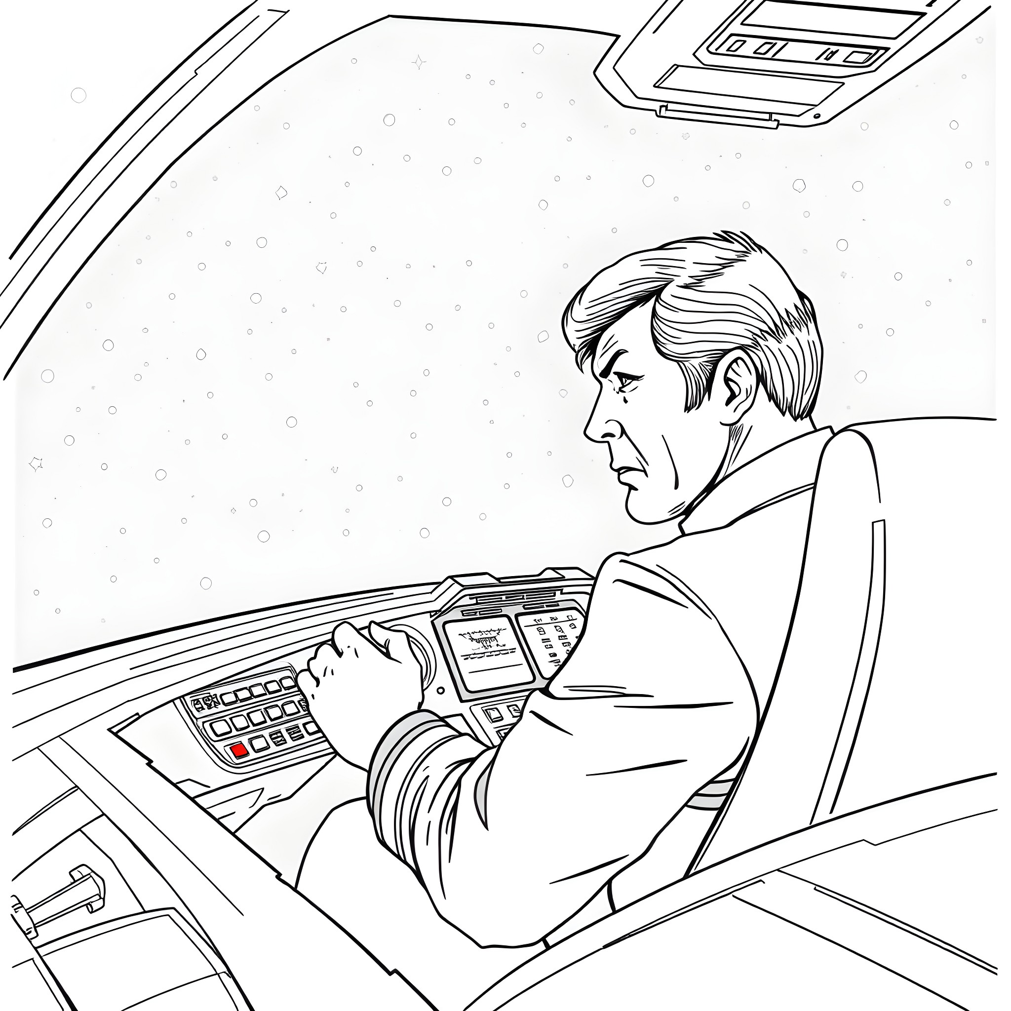 Captain Kirk Piloting the Enterprise in Space Coloring Page (free black-and-white line drawing printable PDF for all, from beginners to advanced learners, including children, teens, adults, and seniors)