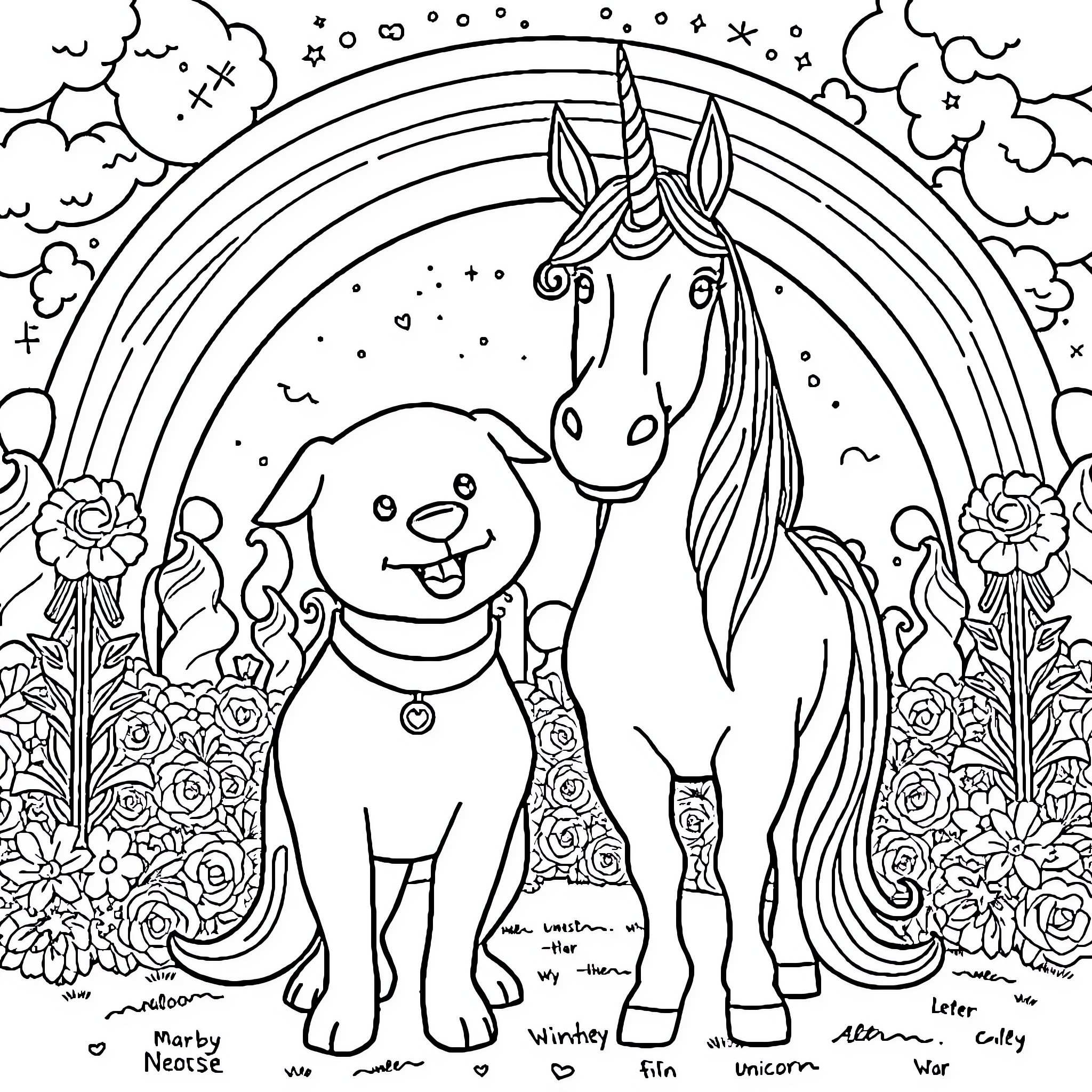 Dog and Unicorn Playing in Magical Garden Coloring Page (free black-and-white line drawing printable PDF for all, from beginners to advanced learners, including children, teens, adults, and seniors)