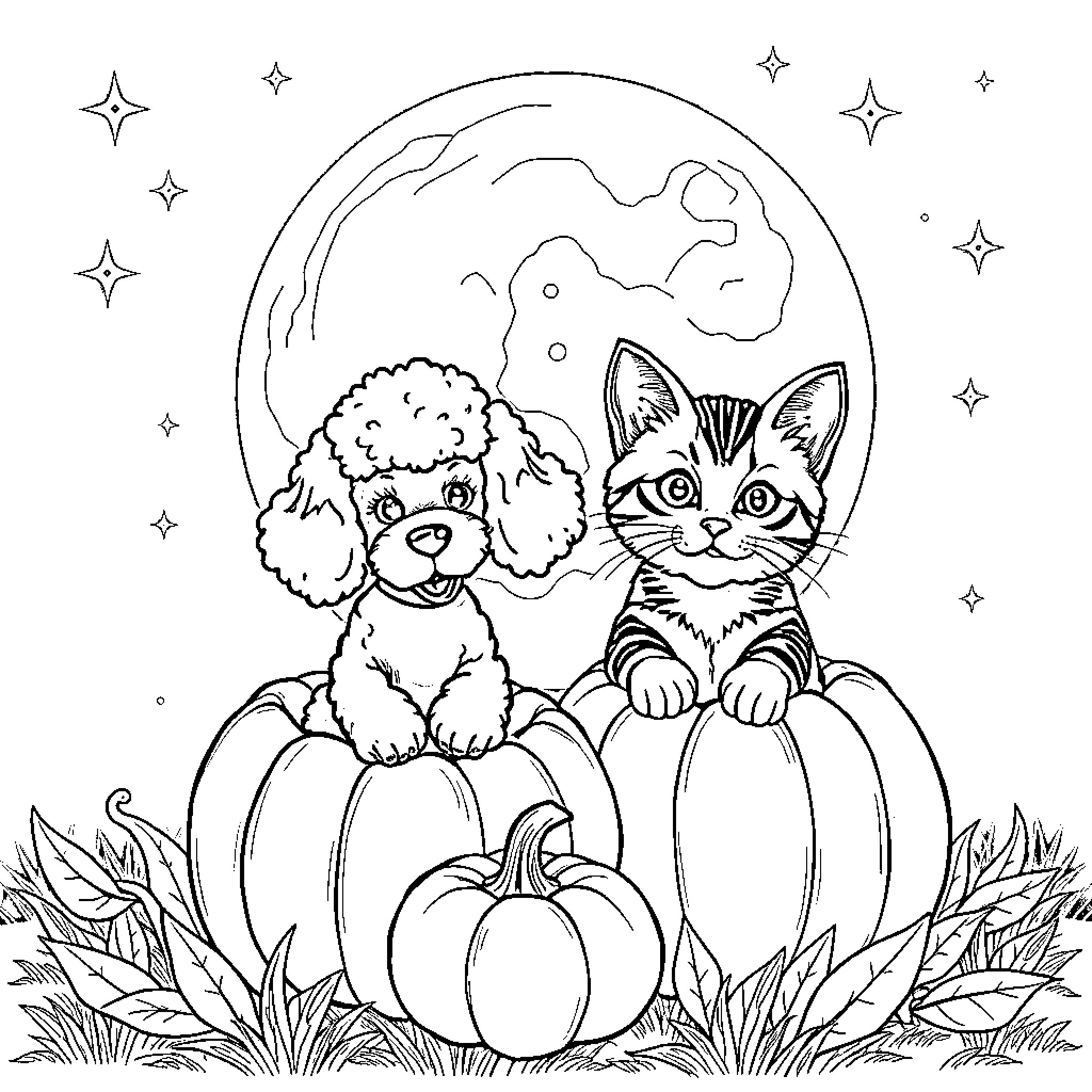 Poodle and Kitten in Pumpkin Patch Coloring Page (free black-and-white line drawing printable PDF for all, from beginners to advanced learners, including children, teens, adults, and seniors)