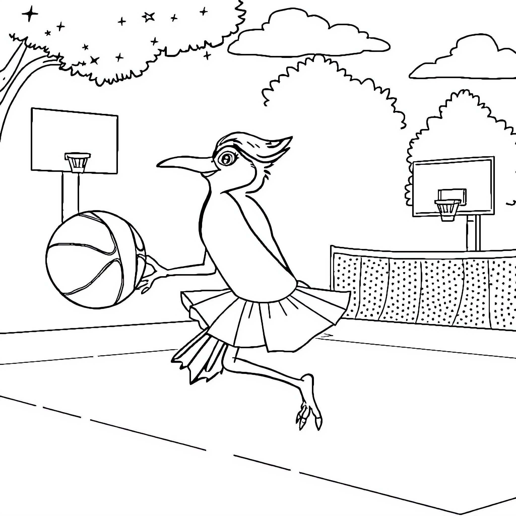 Magpie playing basketball on the court Coloring Page (free black-and-white line drawing printable PDF for all, from beginners to advanced learners, including children, teens, adults, and seniors)