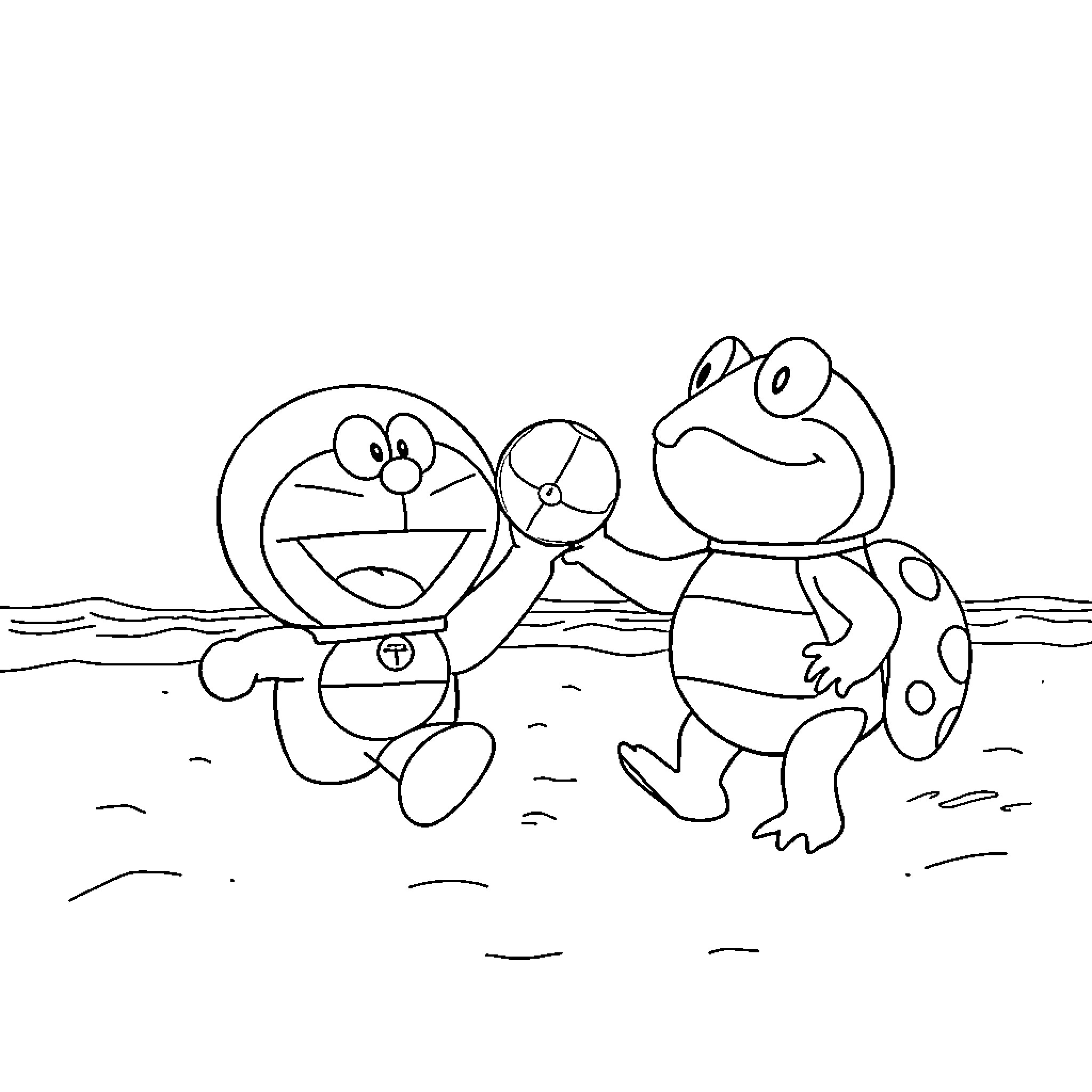 Doraemon and frog friend playing on the beach Coloring Page (free black-and-white line drawing printable PDF for all, from beginners to advanced learners, including children, teens, adults, and seniors)