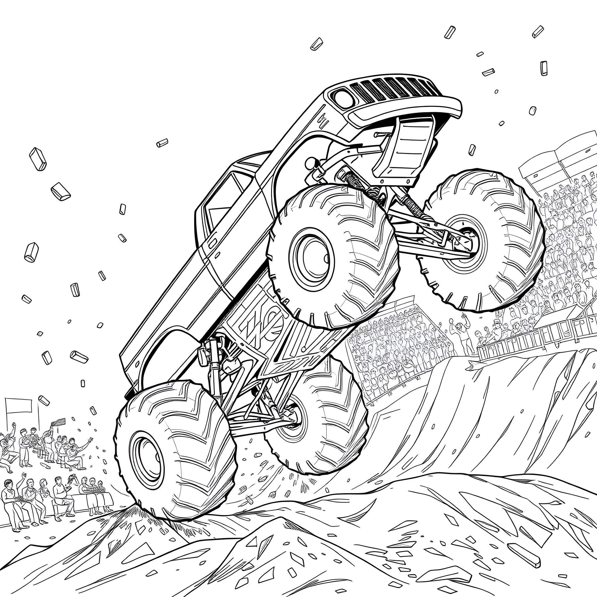Monster Truck Conquering Rough Terrain Coloring Page (free black-and-white line drawing printable PDF for all, from beginners to advanced learners, including children, teens, adults, and seniors)