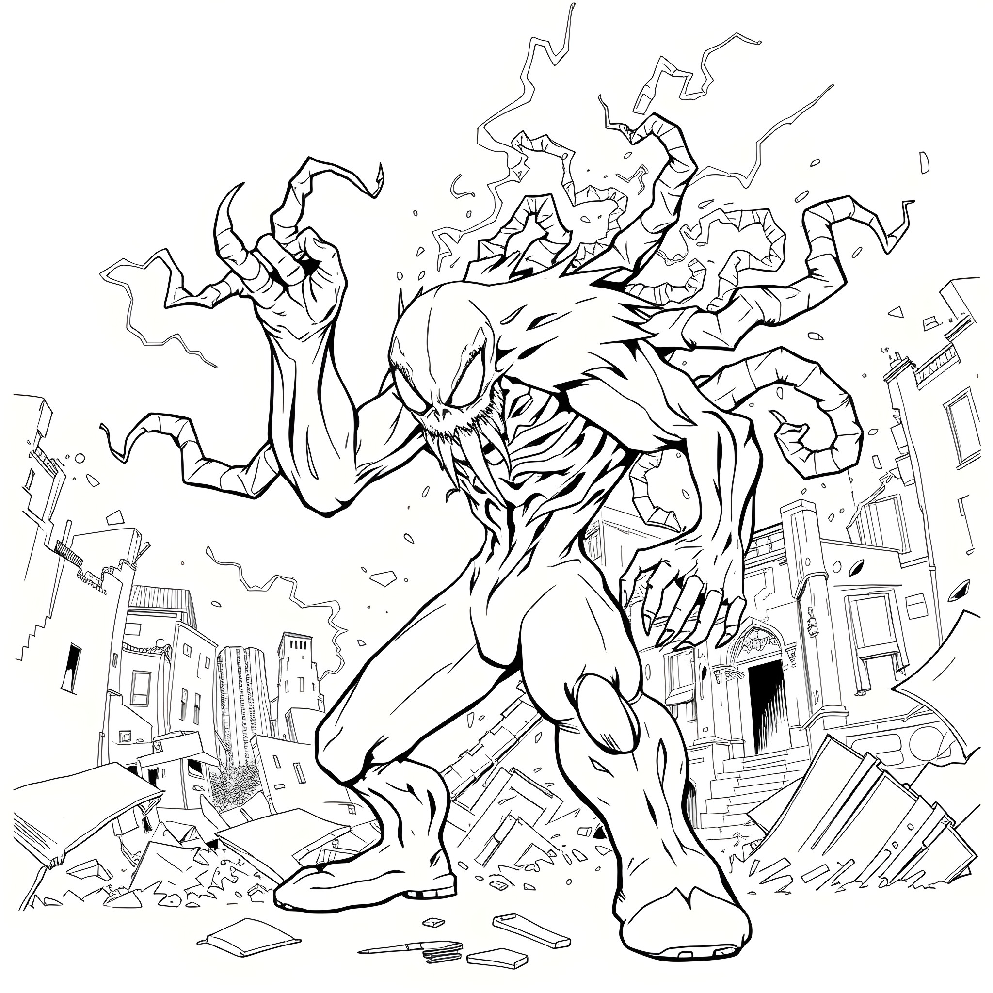 Bizarnage of a superhero battling in a city Coloring Page (free black-and-white line drawing printable PDF for all, from beginners to advanced learners, including children, teens, adults, and seniors)