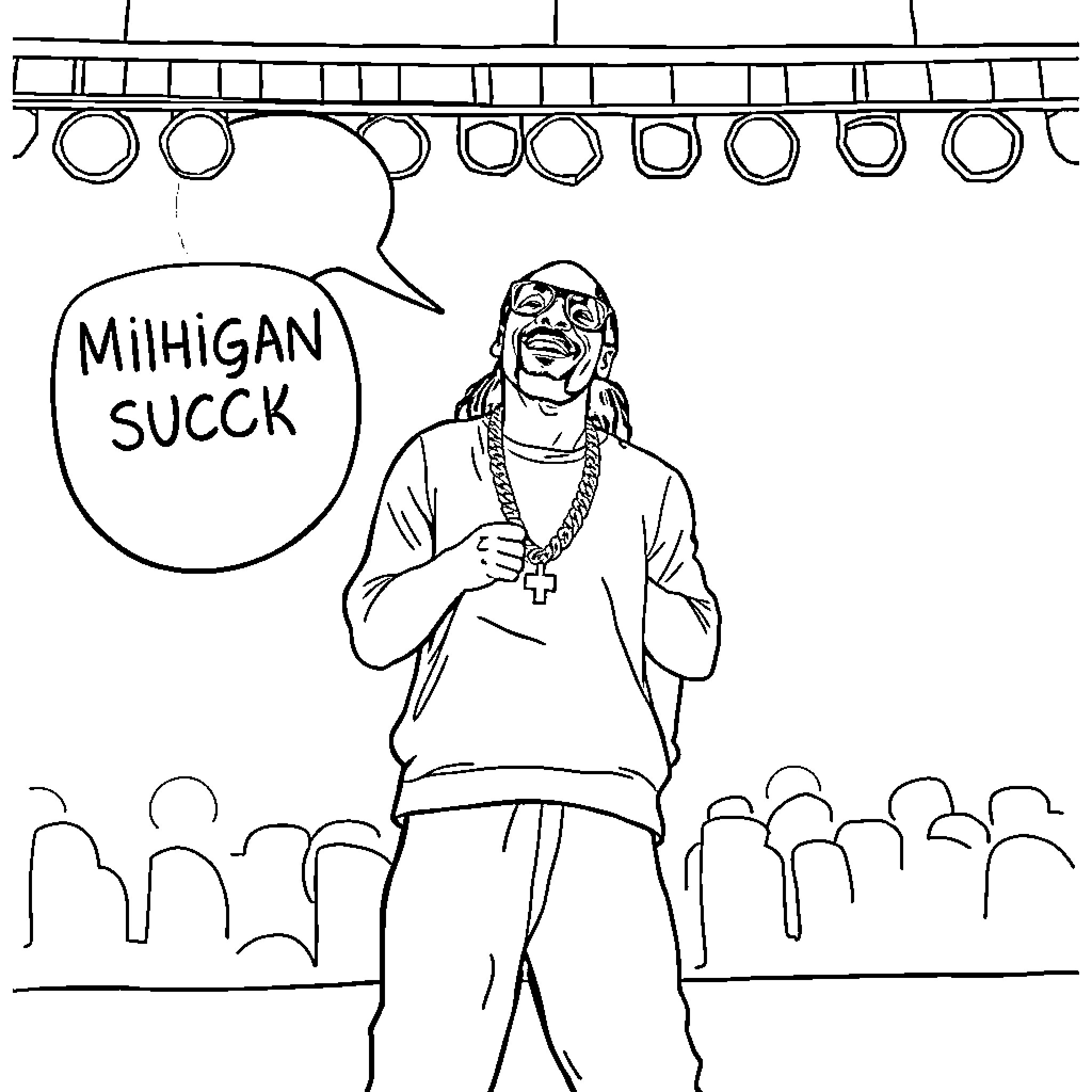 Snoop Dog delivers impassioned speech to audience Coloring Page (free black-and-white line drawing printable PDF for all, from beginners to advanced learners, including children, teens, adults, and seniors)