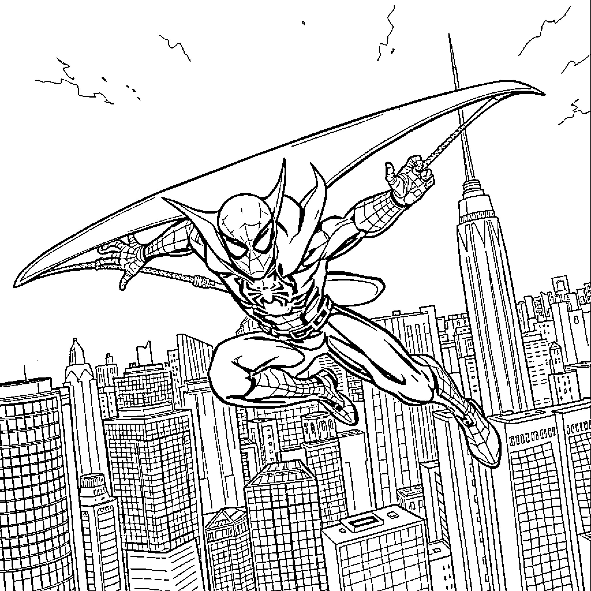 Green Goblin soaring through a city skyline Coloring Page (free black-and-white line drawing printable PDF for all, from beginners to advanced learners, including children, teens, adults, and seniors)