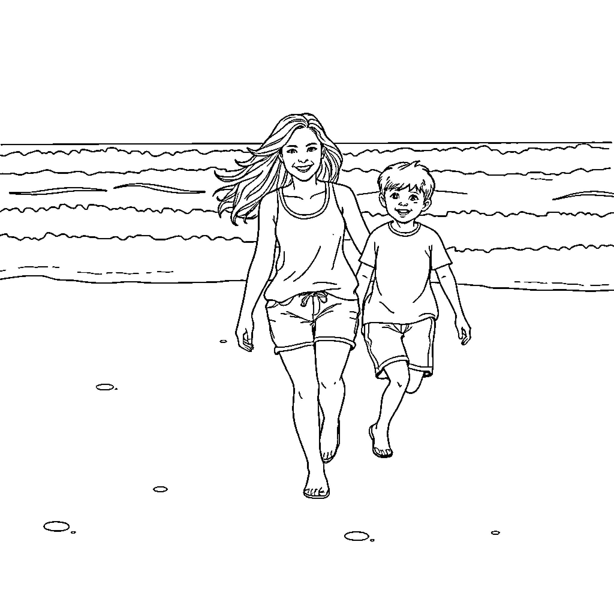 Mom and child strolling along the beach Coloring Page (free black-and-white line drawing printable PDF for all, from beginners to advanced learners, including children, teens, adults, and seniors)