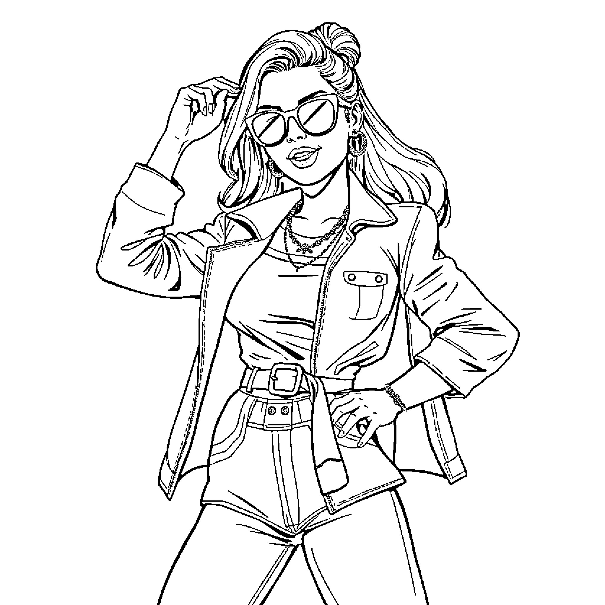 Woman in fashionable outfit and sunglasses Coloring Page (free black-and-white line drawing printable PDF for all, from beginners to advanced learners, including children, teens, adults, and seniors)