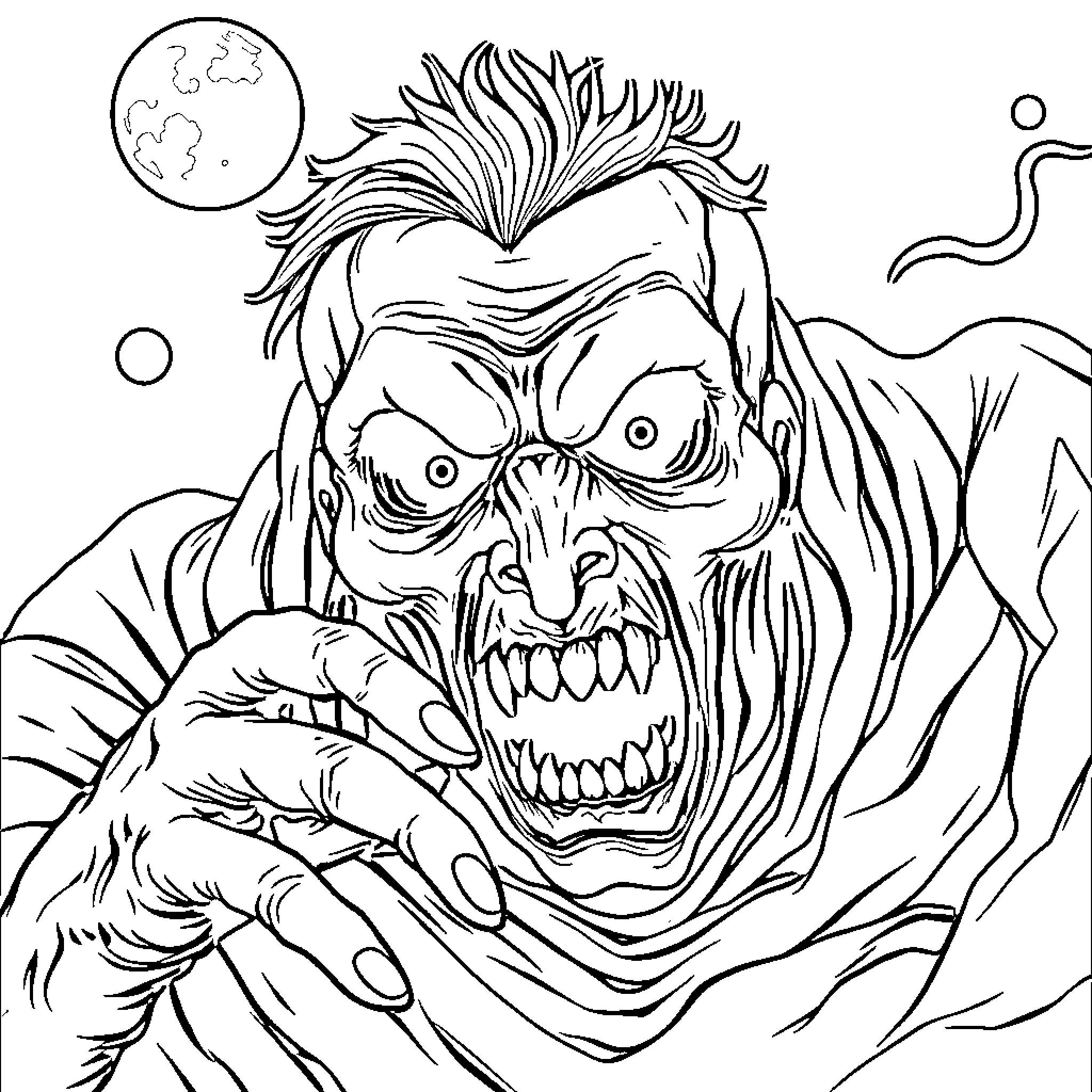 Terror of the Ghoul's Haunting Presence Coloring Page (free black-and-white line drawing printable PDF for all, from beginners to advanced learners, including children, teens, adults, and seniors)