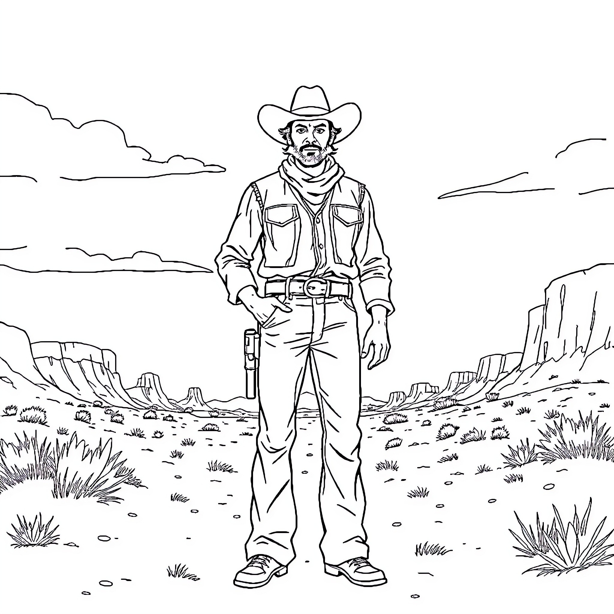 Prince Cowboy standing firmly in the desert Coloring Page (free black-and-white line drawing printable PDF for all, from beginners to advanced learners, including children, teens, adults, and seniors)