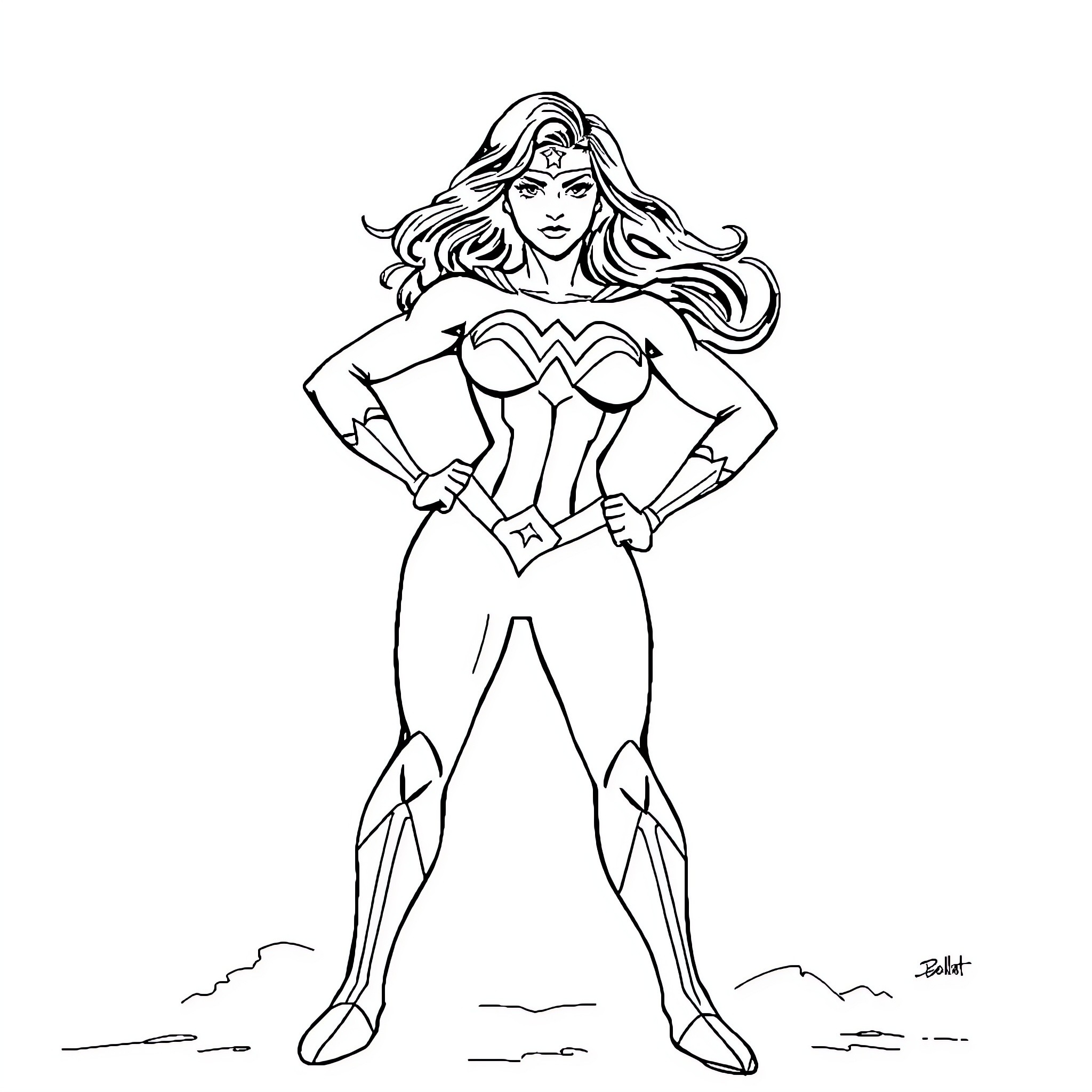 Superwoman in heroic stance with confident expression Coloring Page (free black-and-white line drawing printable PDF for all, from beginners to advanced learners, including children, teens, adults, and seniors)