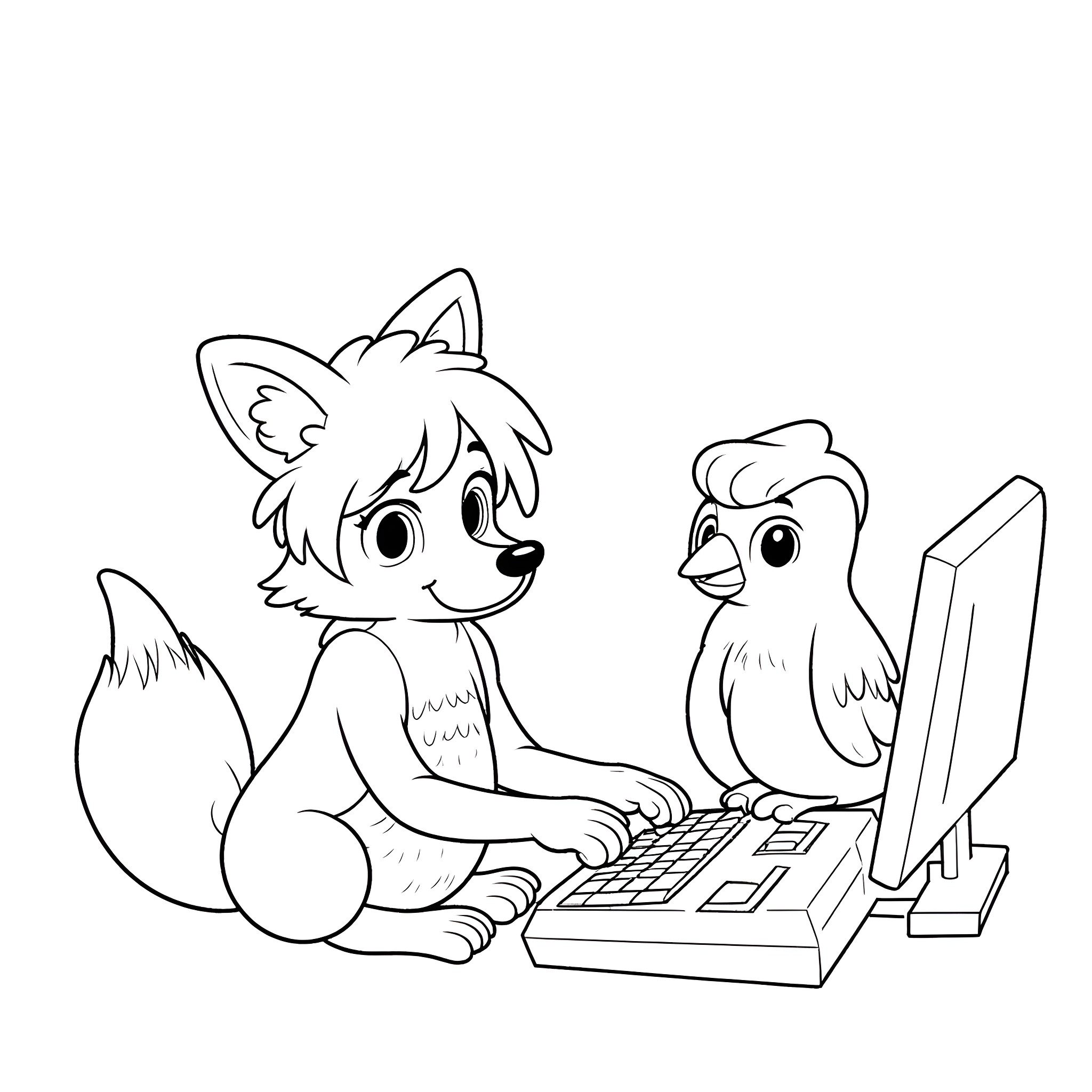 Fox playing with a bird on the computer Coloring Page (free black-and-white line drawing printable PDF for all, from beginners to advanced learners, including children, teens, adults, and seniors)