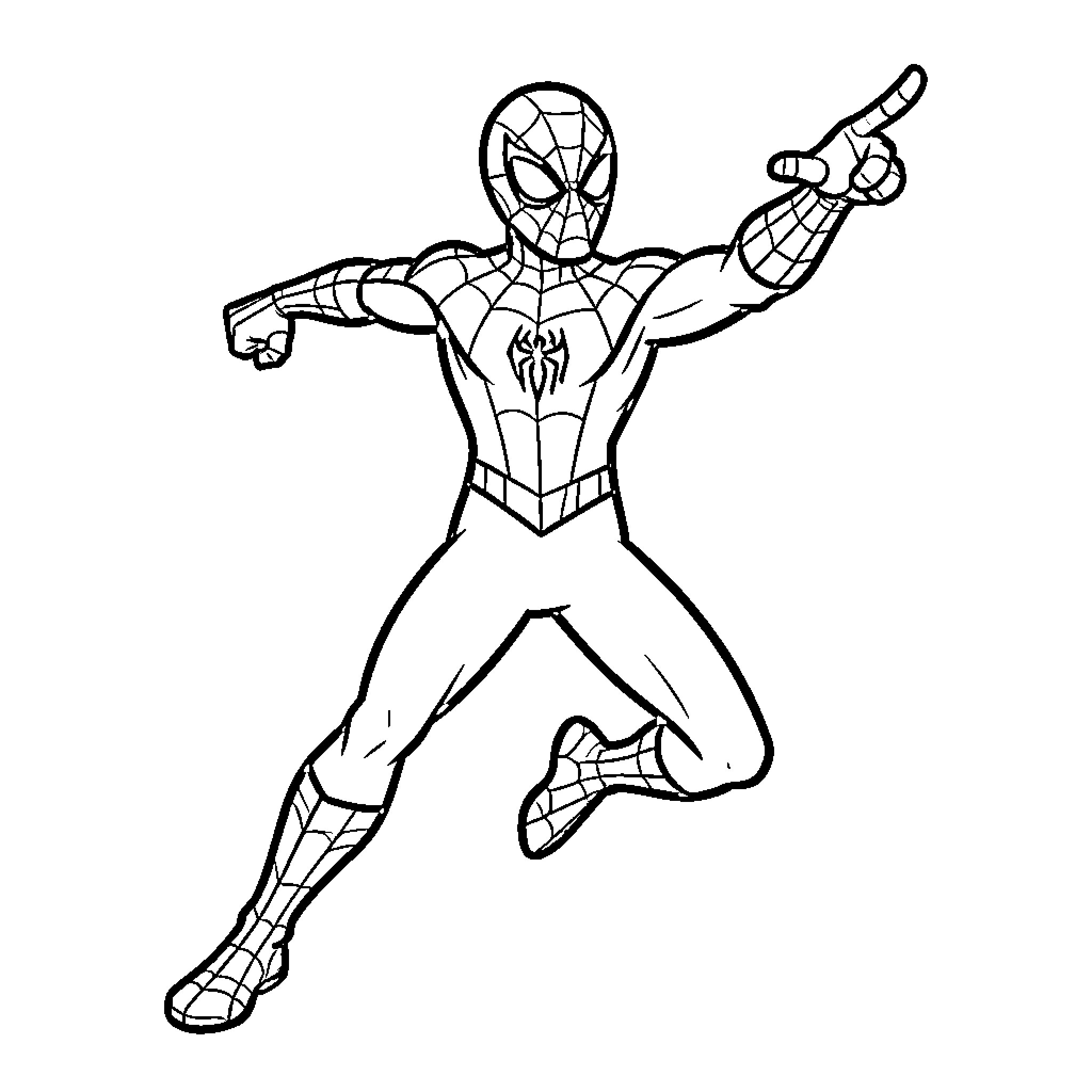 Spidey in action-packed pose Coloring Page (free black-and-white line drawing printable PDF for all, from beginners to advanced learners, including children, teens, adults, and seniors)