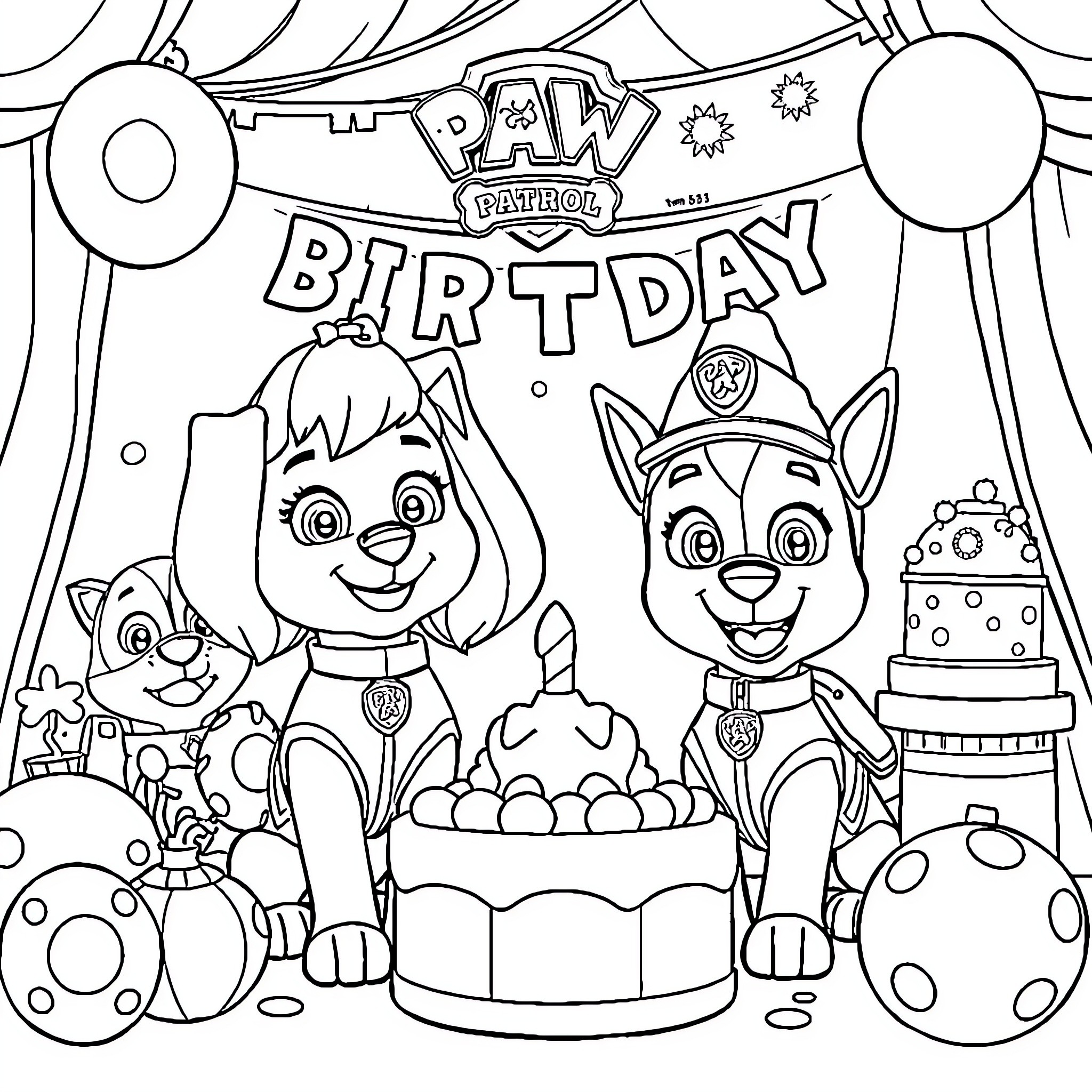 Paw Patrol Birthday Party Celebration Coloring Page (free black-and-white line drawing printable PDF for all, from beginners to advanced learners, including children, teens, adults, and seniors)