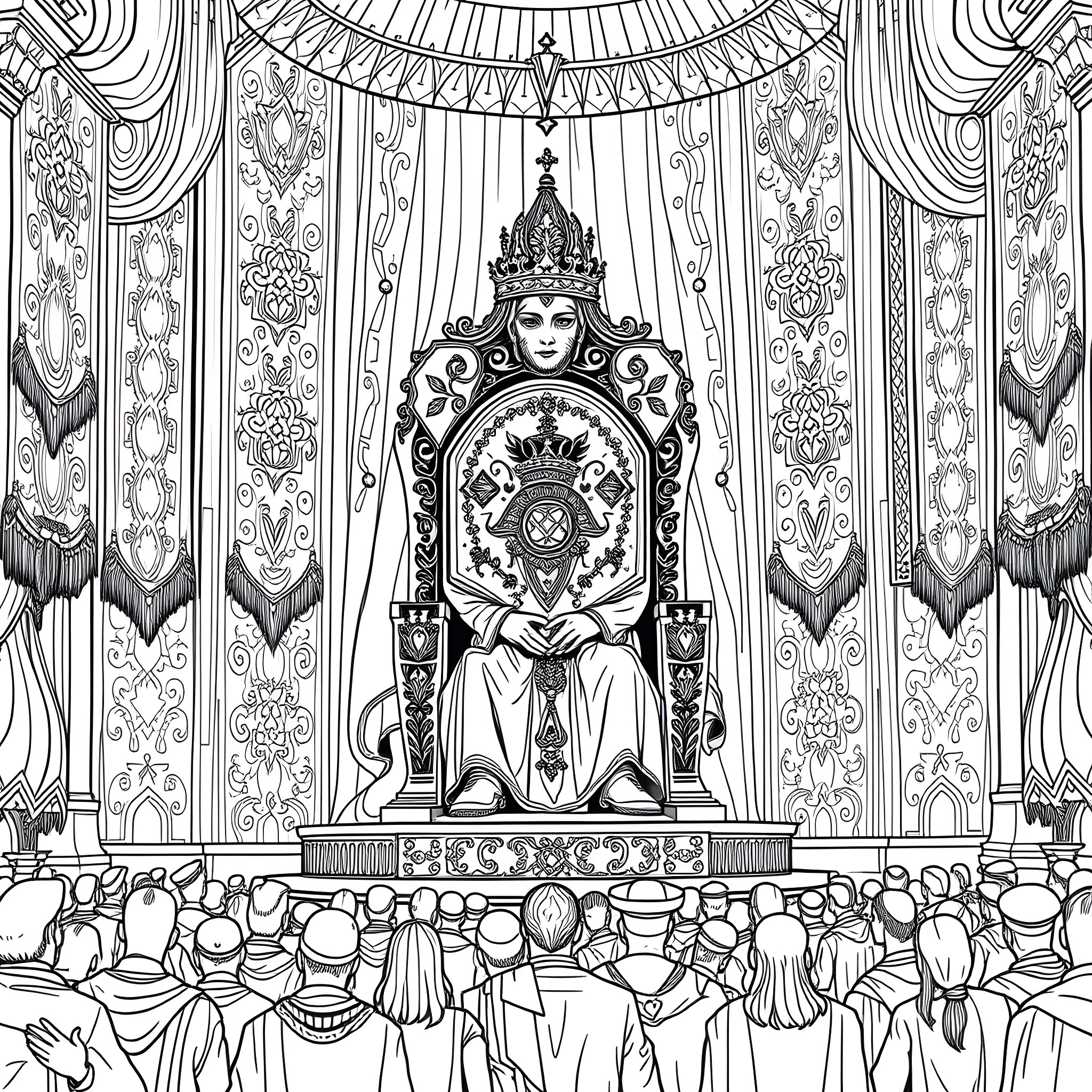 Grand Marquis: Illustrious Ruler on Ornate Throne Coloring Page (free black-and-white line drawing printable PDF for all, from beginners to advanced learners, including children, teens, adults, and seniors)