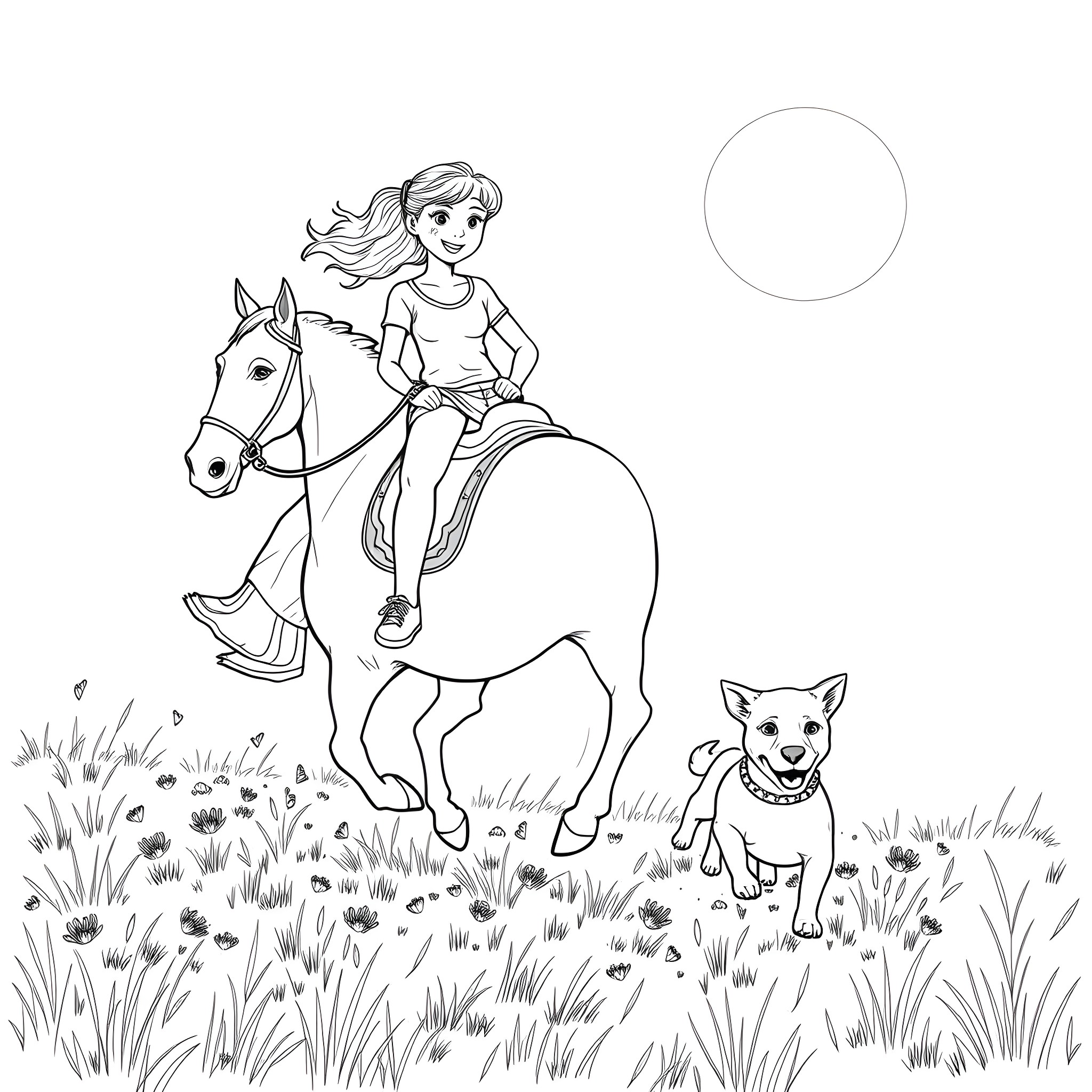 Teen Girl Riding Horse with Pet Dog in Meadow Coloring Page (free black-and-white line drawing printable PDF for all, from beginners to advanced learners, including children, teens, adults, and seniors)