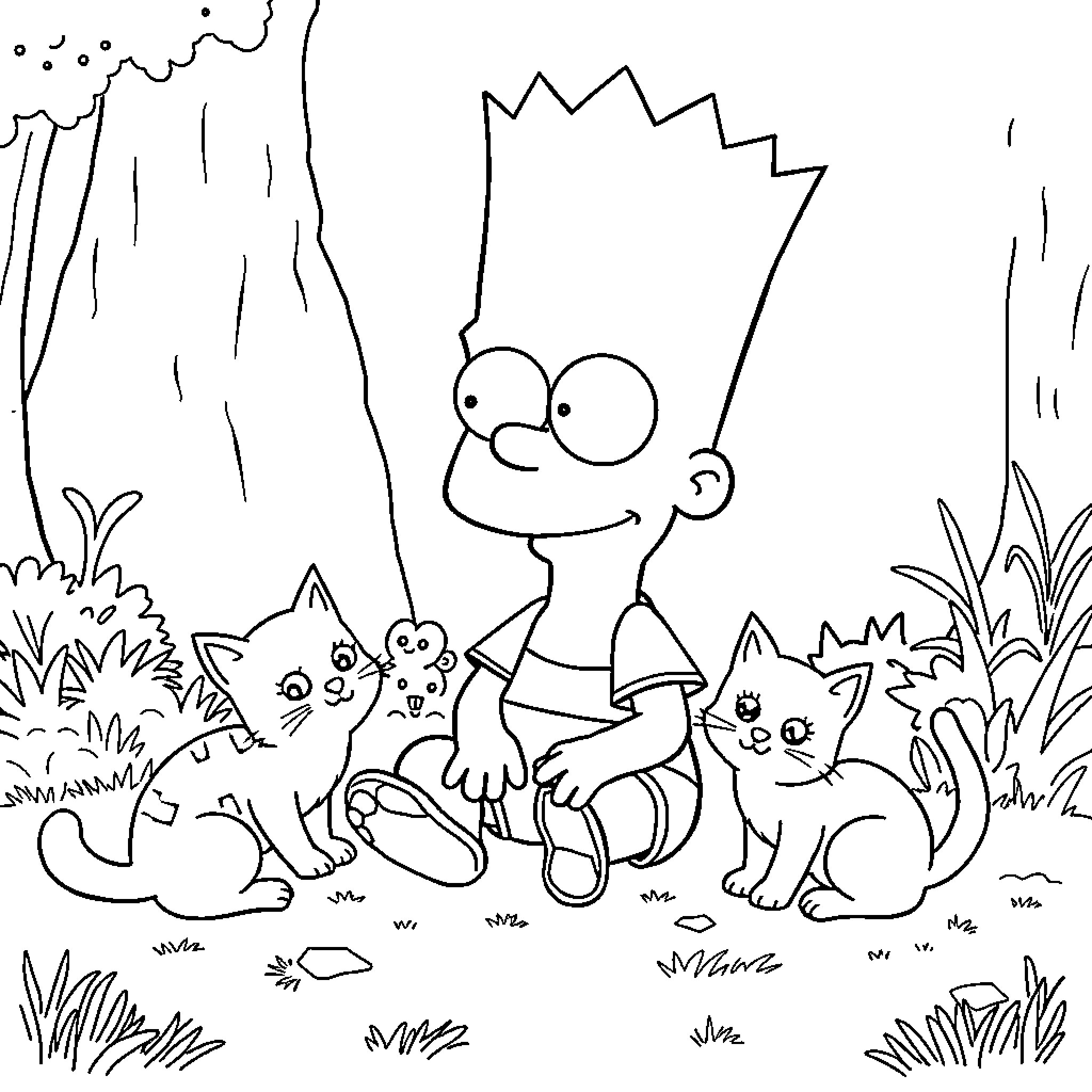 Bart Simpson and his animal friends in the woods Coloring Page (free black-and-white line drawing printable PDF for all, from beginners to advanced learners, including children, teens, adults, and seniors)
