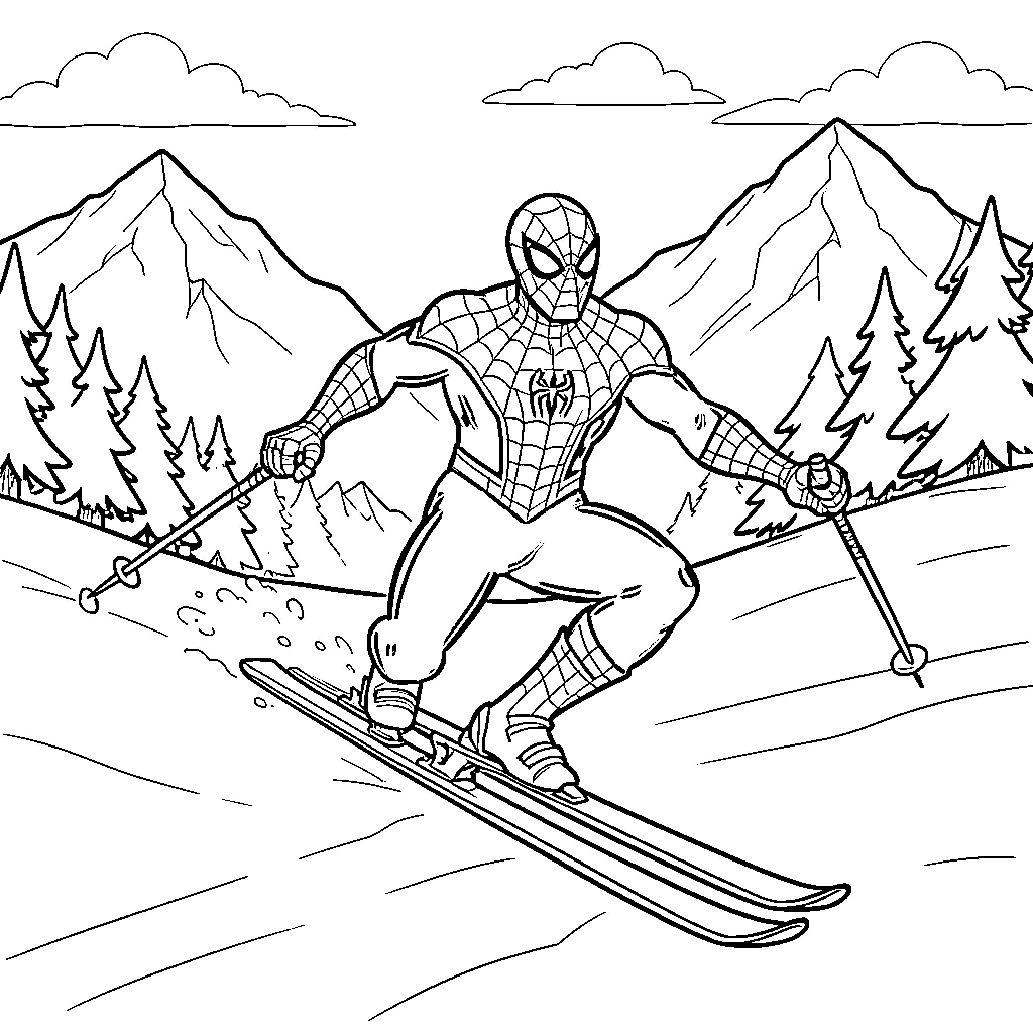 Spiderman skiing down a snowy mountain slope Coloring Page (free black-and-white line drawing printable PDF for all, from beginners to advanced learners, including children, teens, adults, and seniors)