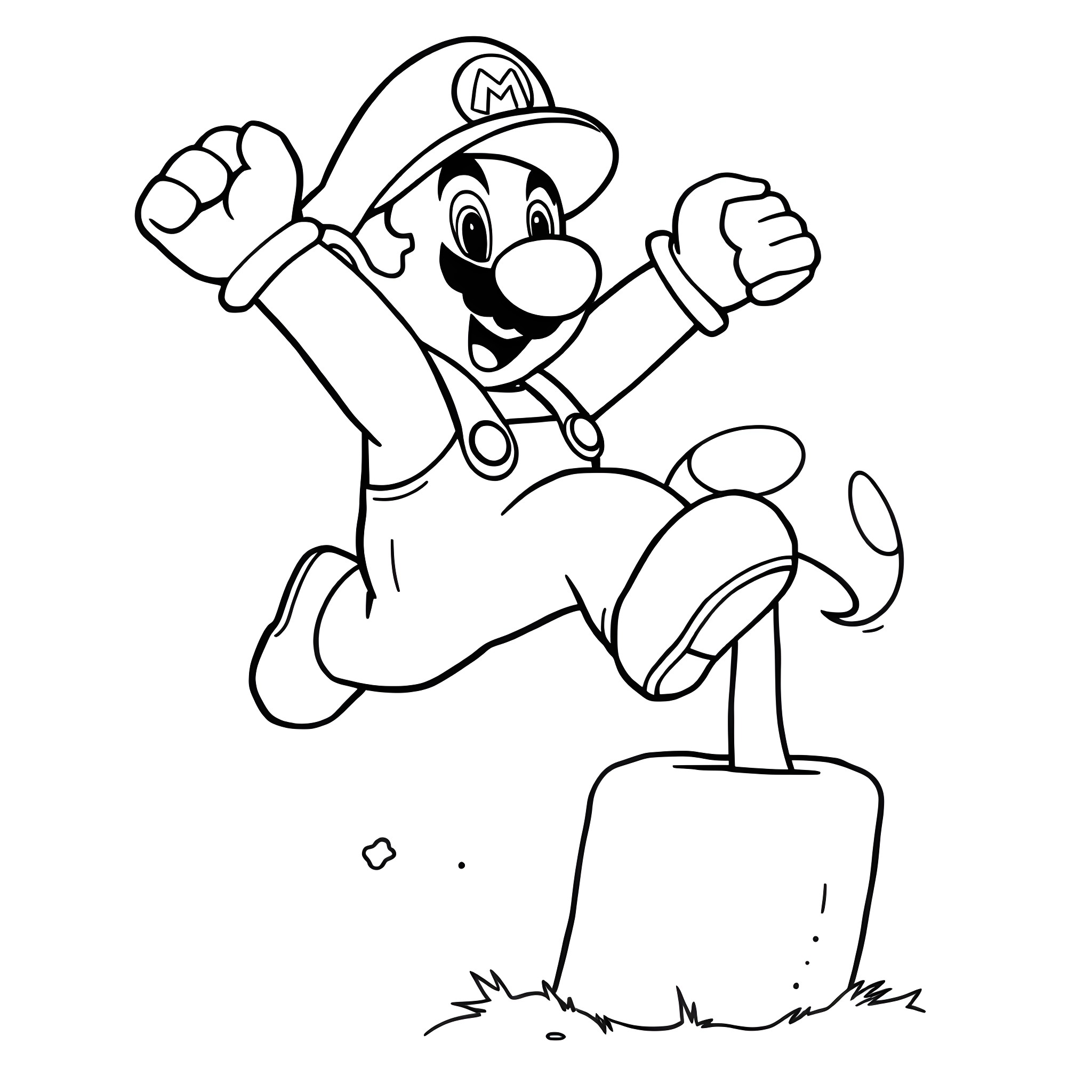 Mario jumping excitedly on a block Coloring Page (free black-and-white line drawing printable PDF for all, from beginners to advanced learners, including children, teens, adults, and seniors)