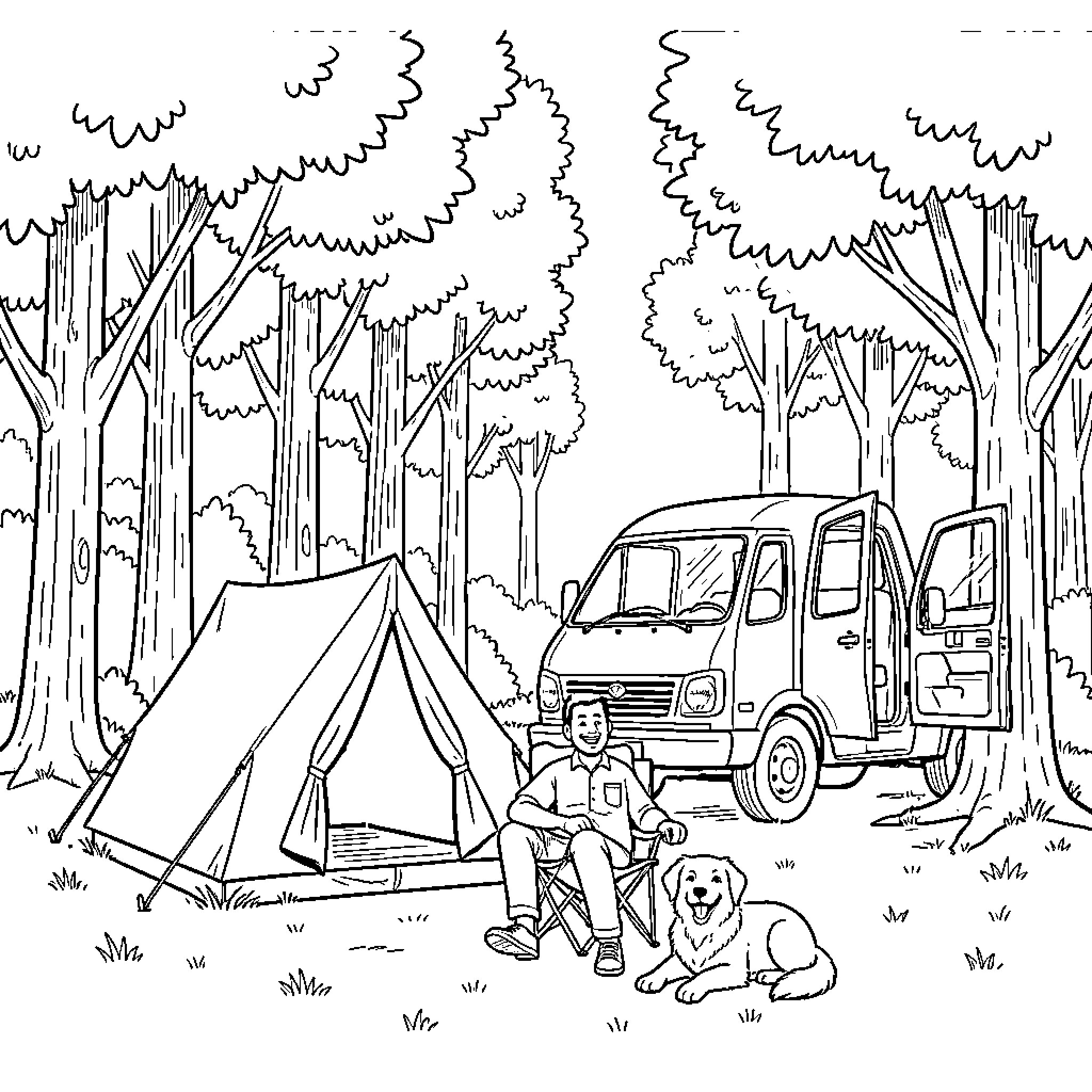 Camping in the serene forest with vehicle and dog Coloring Page (free black-and-white line drawing printable PDF for all, from beginners to advanced learners, including children, teens, adults, and seniors)
