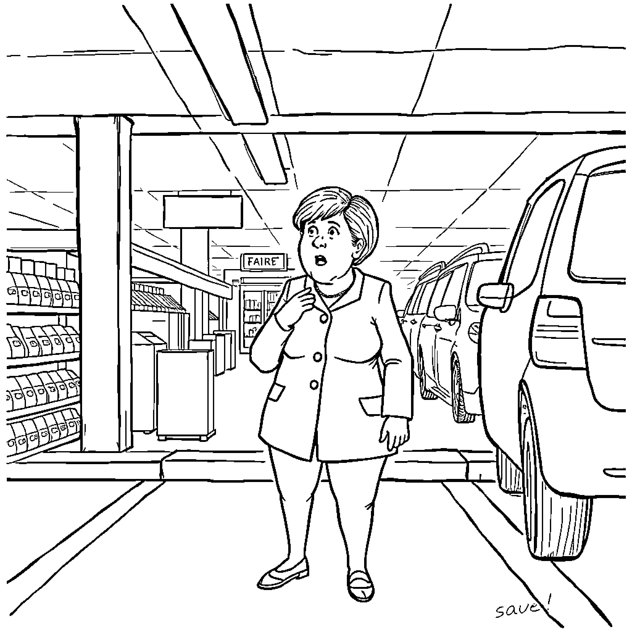 Merkel shopping at the supermarket Coloring Page (free black-and-white line drawing printable PDF for all, from beginners to advanced learners, including children, teens, adults, and seniors)