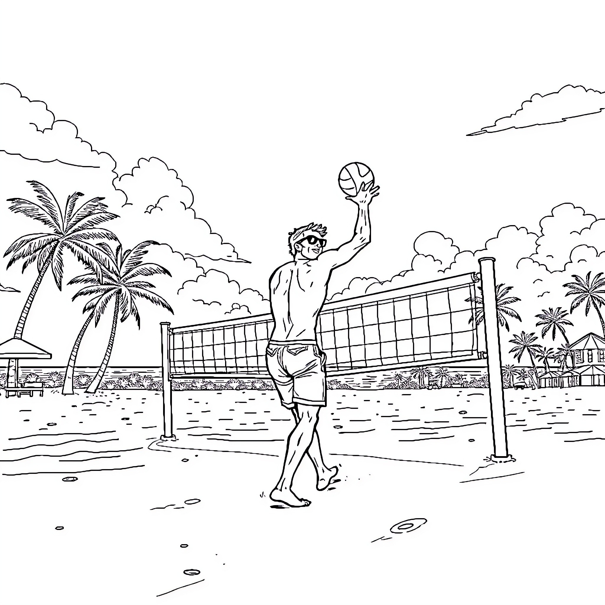 Barman playing beach volleyball with friends Coloring Page (free black-and-white line drawing printable PDF for all, from beginners to advanced learners, including children, teens, adults, and seniors)