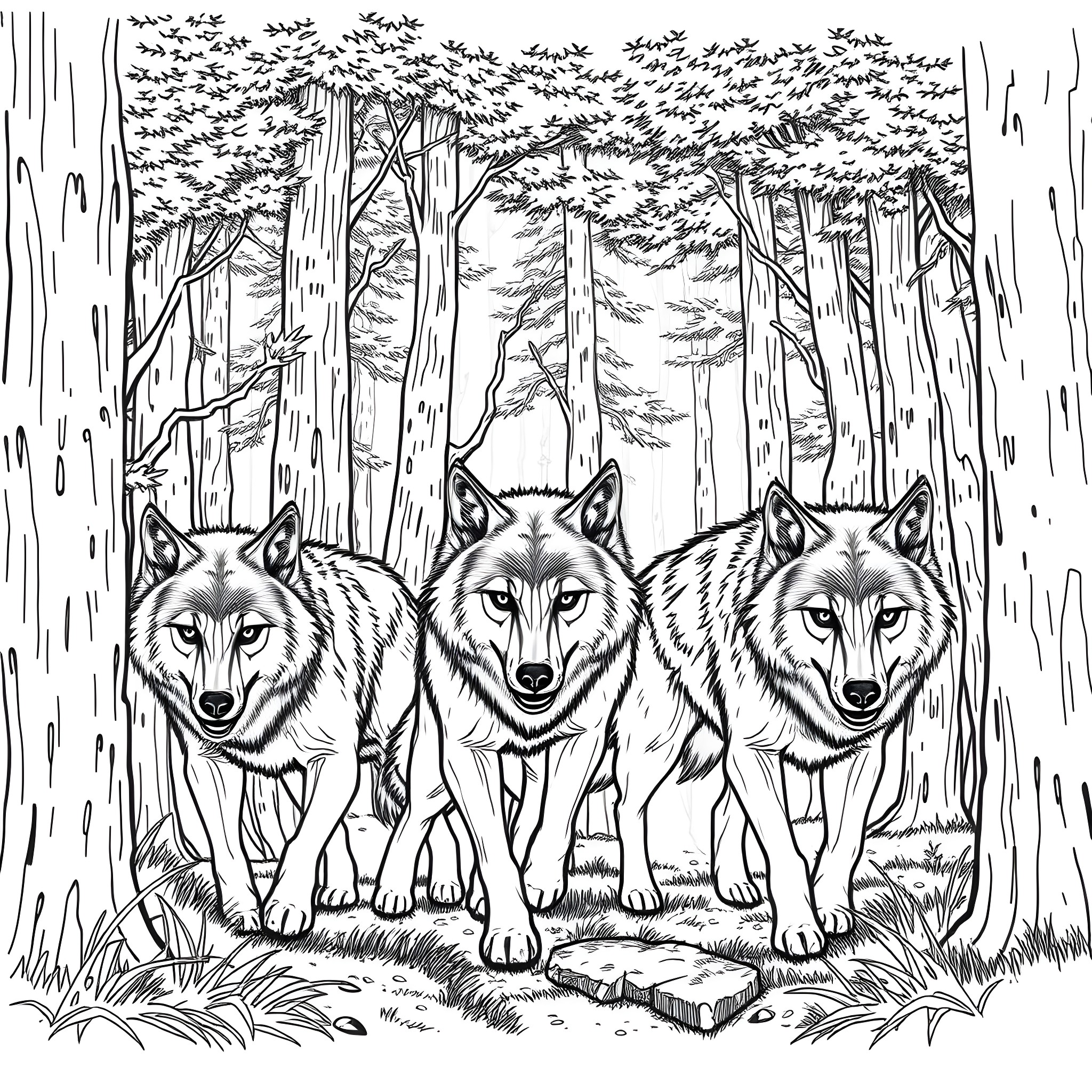 Wolf Pack Prowling Through the Enchanted Forest Coloring Page (free black-and-white line drawing printable PDF for all, from beginners to advanced learners, including children, teens, adults, and seniors)