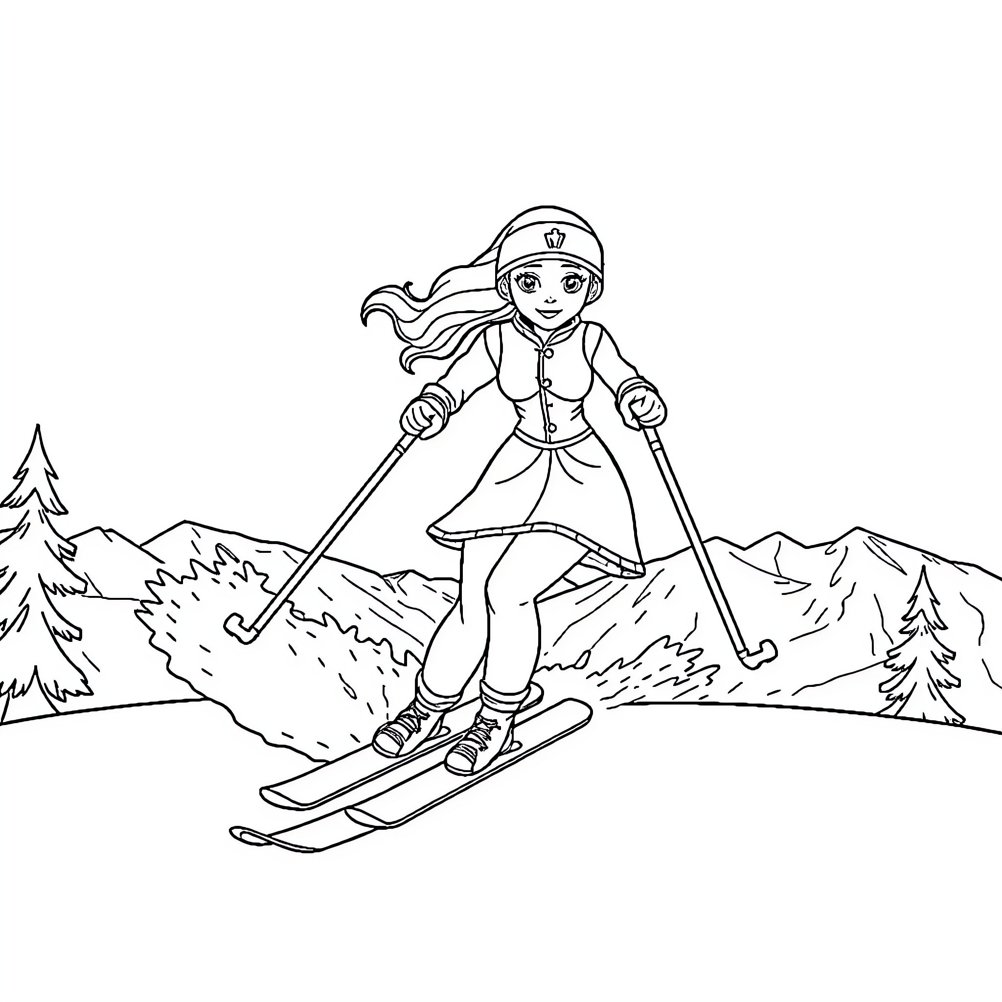 Princess skiing on the slopes Coloring Page (free black-and-white line drawing printable PDF for all, from beginners to advanced learners, including children, teens, adults, and seniors)