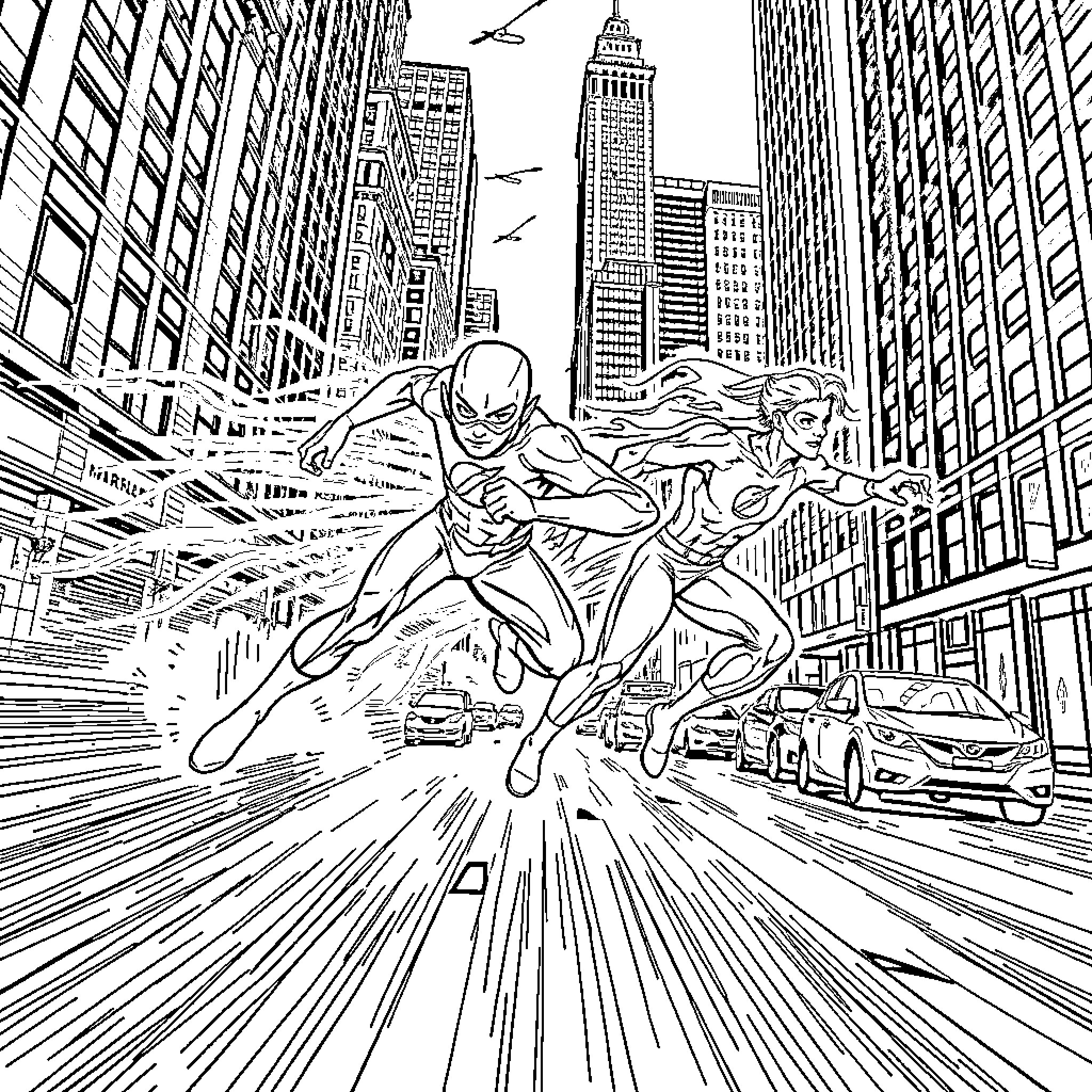 Flash Soaring Through the City Streets Coloring Page (free black-and-white line drawing printable PDF for all, from beginners to advanced learners, including children, teens, adults, and seniors)