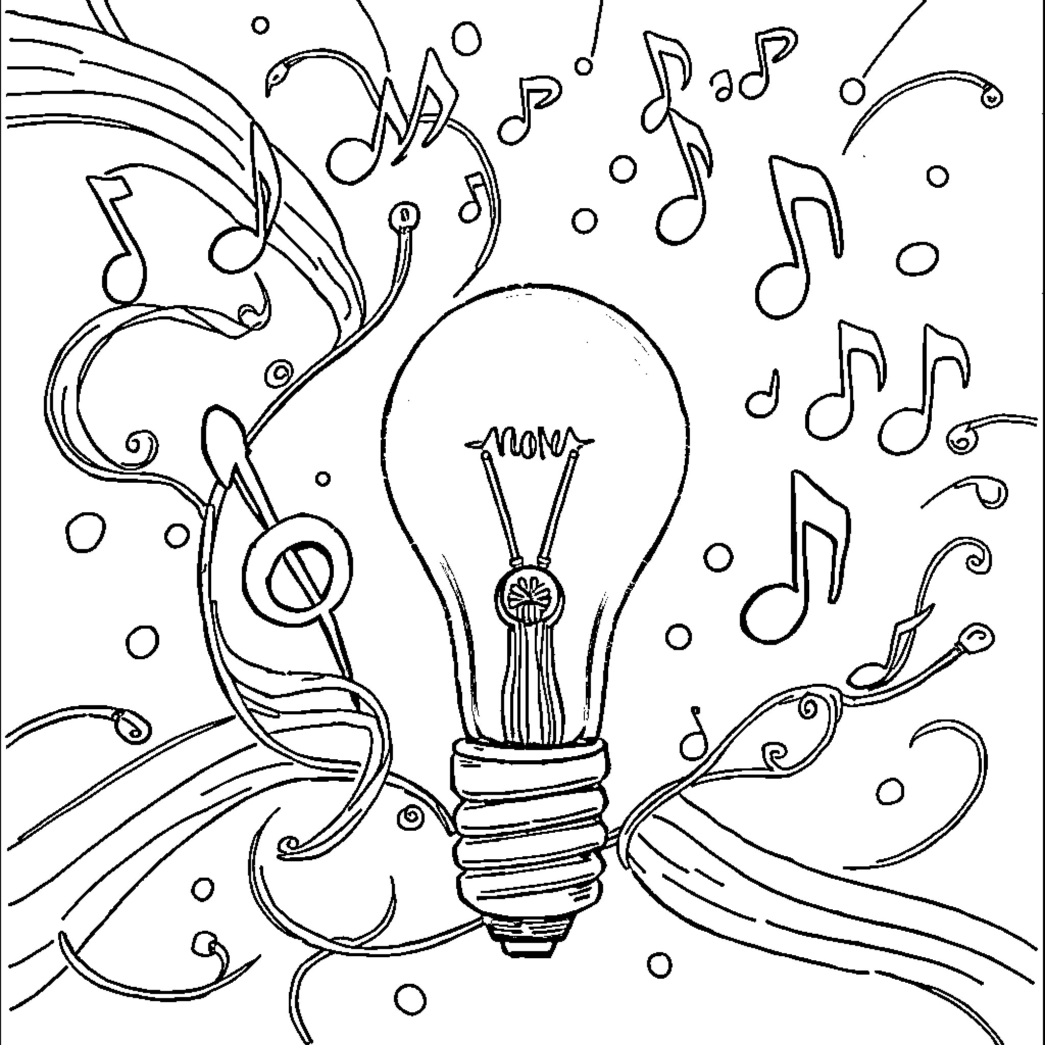 Lightbulb surrounded by musical notes and shapes Coloring Page (free black-and-white line drawing printable PDF for all, from beginners to advanced learners, including children, teens, adults, and seniors)