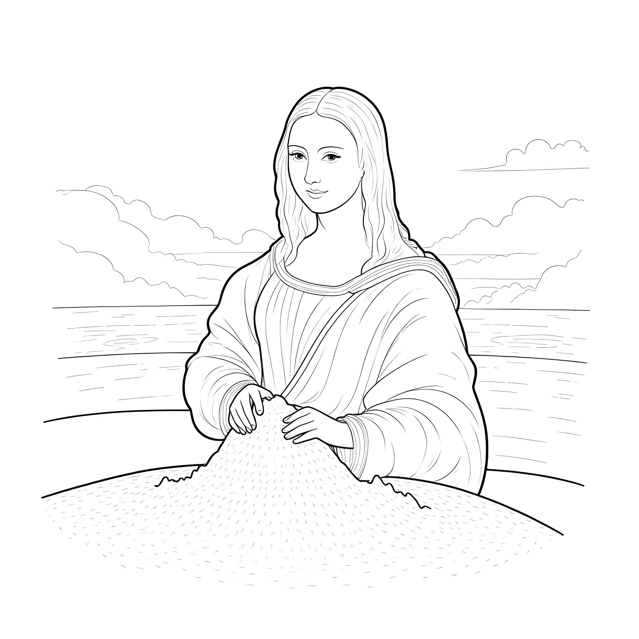 Mona Lisa sitting calmly by the lake Coloring Page (free black-and-white line drawing printable PDF for all, from beginners to advanced learners, including children, teens, adults, and seniors)