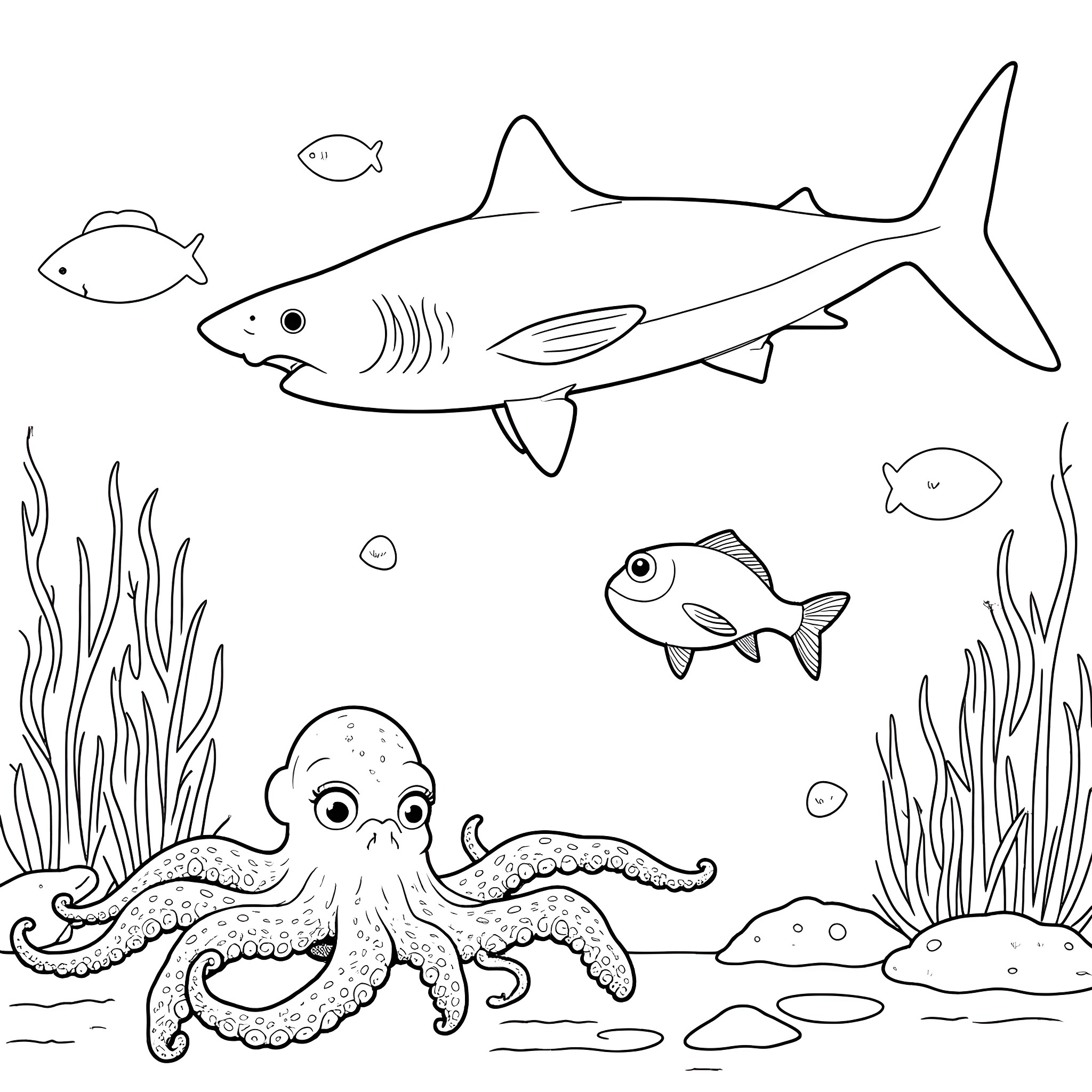 Fish swimming in the ocean with sea creatures Coloring Page (free black-and-white line drawing printable PDF for all, from beginners to advanced learners, including children, teens, adults, and seniors)