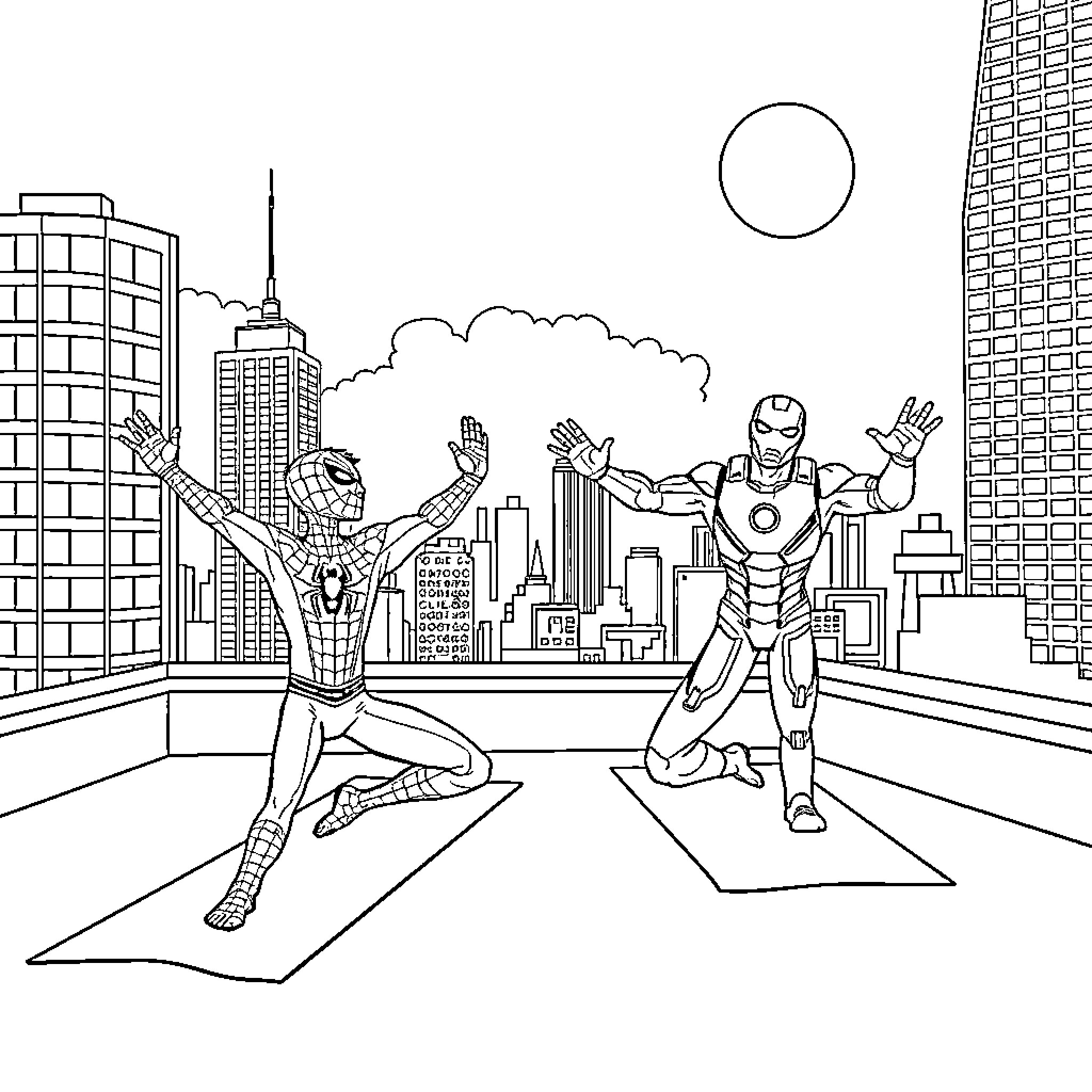 Spiderman and Iron Man in Superhero Action Coloring Page (free black-and-white line drawing printable PDF for all, from beginners to advanced learners, including children, teens, adults, and seniors)