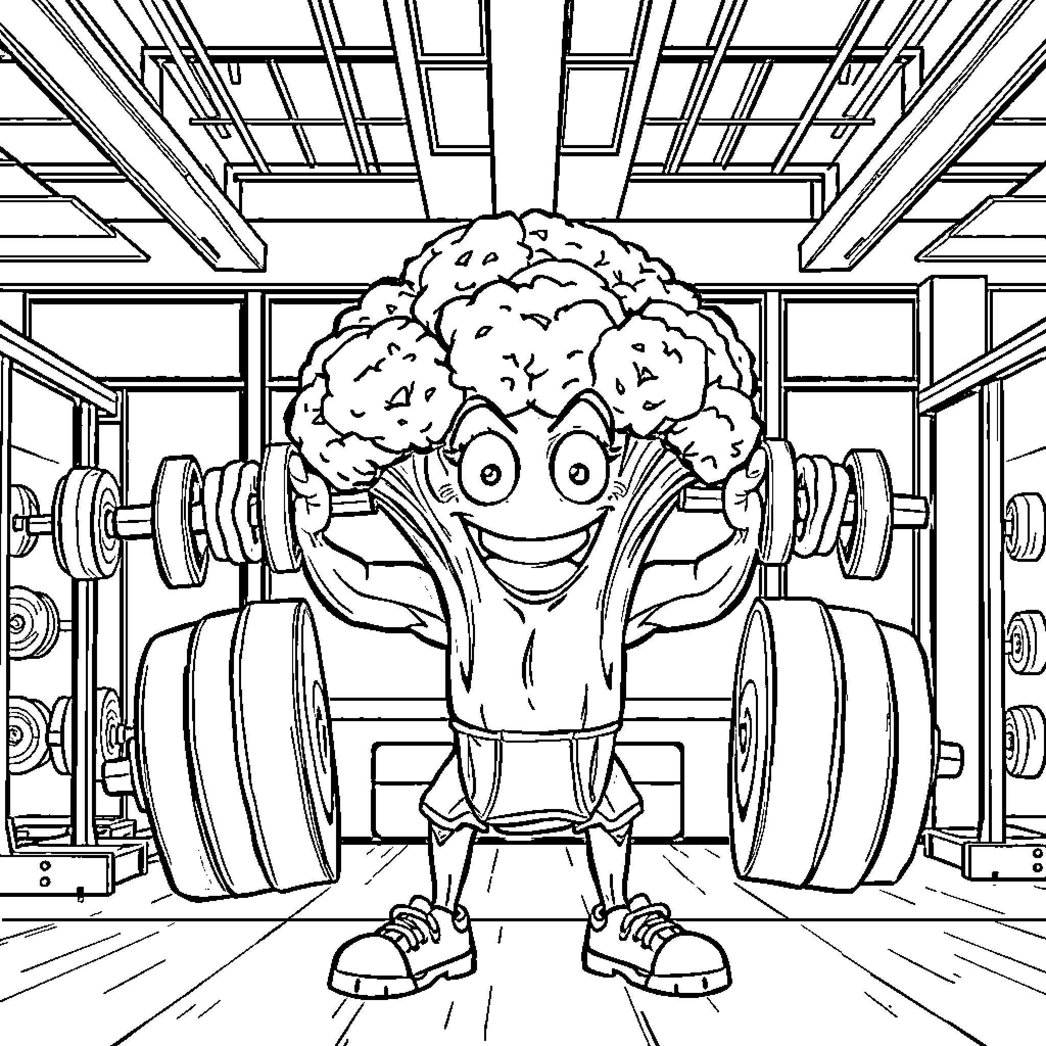 Broccoli working out with dumbbells in gym Coloring Page (free black-and-white line drawing printable PDF for all, from beginners to advanced learners, including children, teens, adults, and seniors)